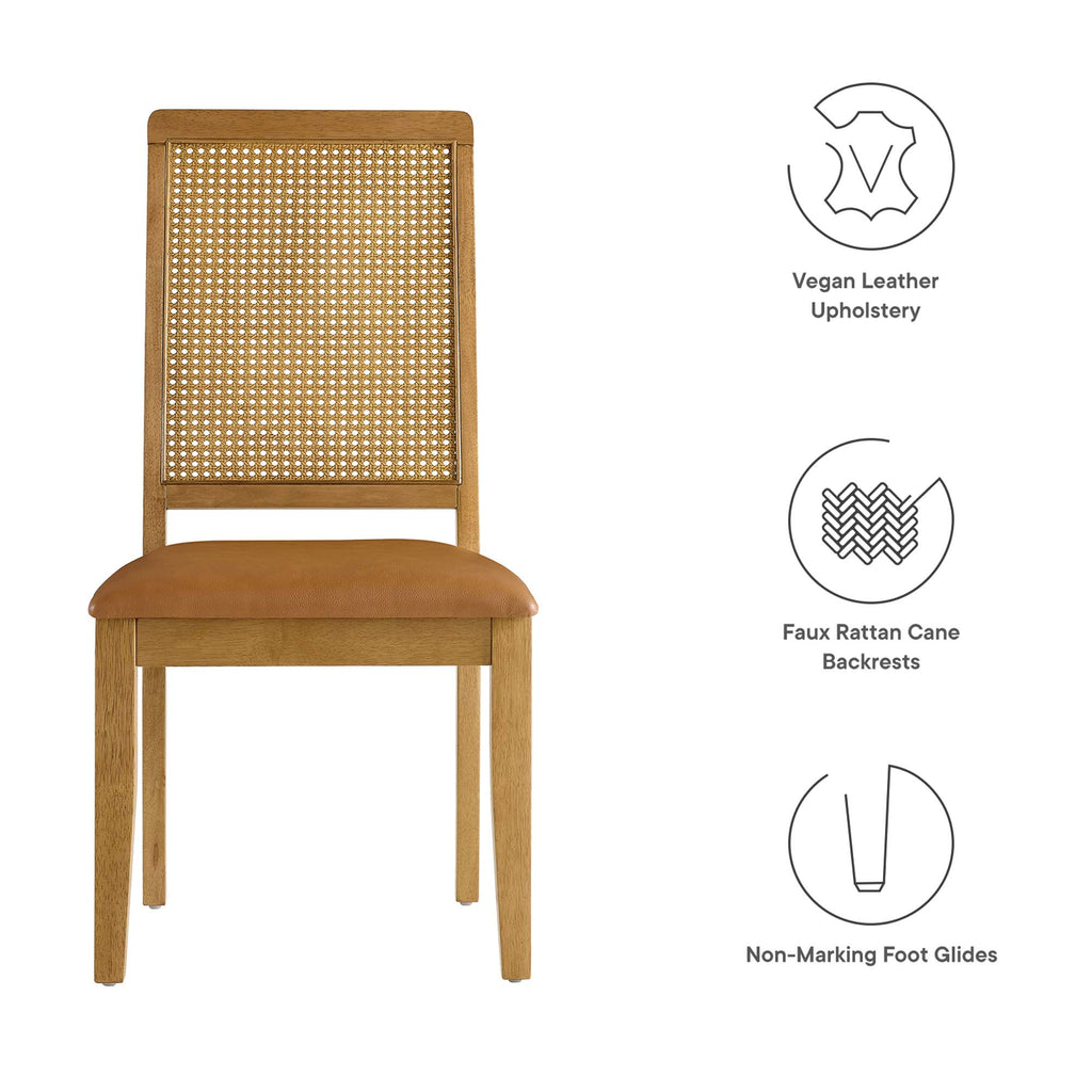 Arlo Vegan Leather Upholstered Faux Rattan and Wood Dining Side Chairs Set of 2 - Natural Natural Tan