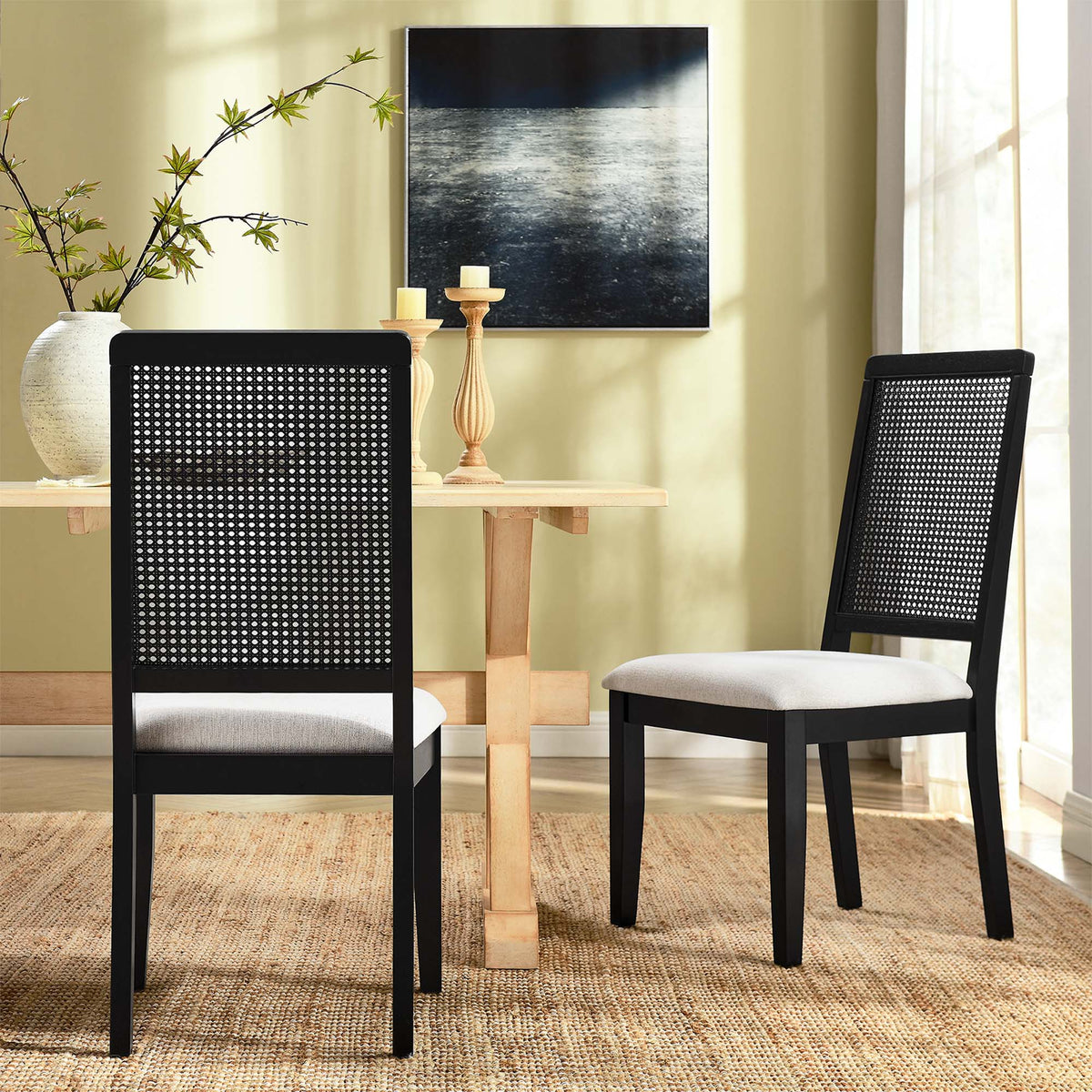 Arlo Faux Rattan and Wood Dining Side Chairs Set of 2 - Black Black Heathered Weave Ivory
