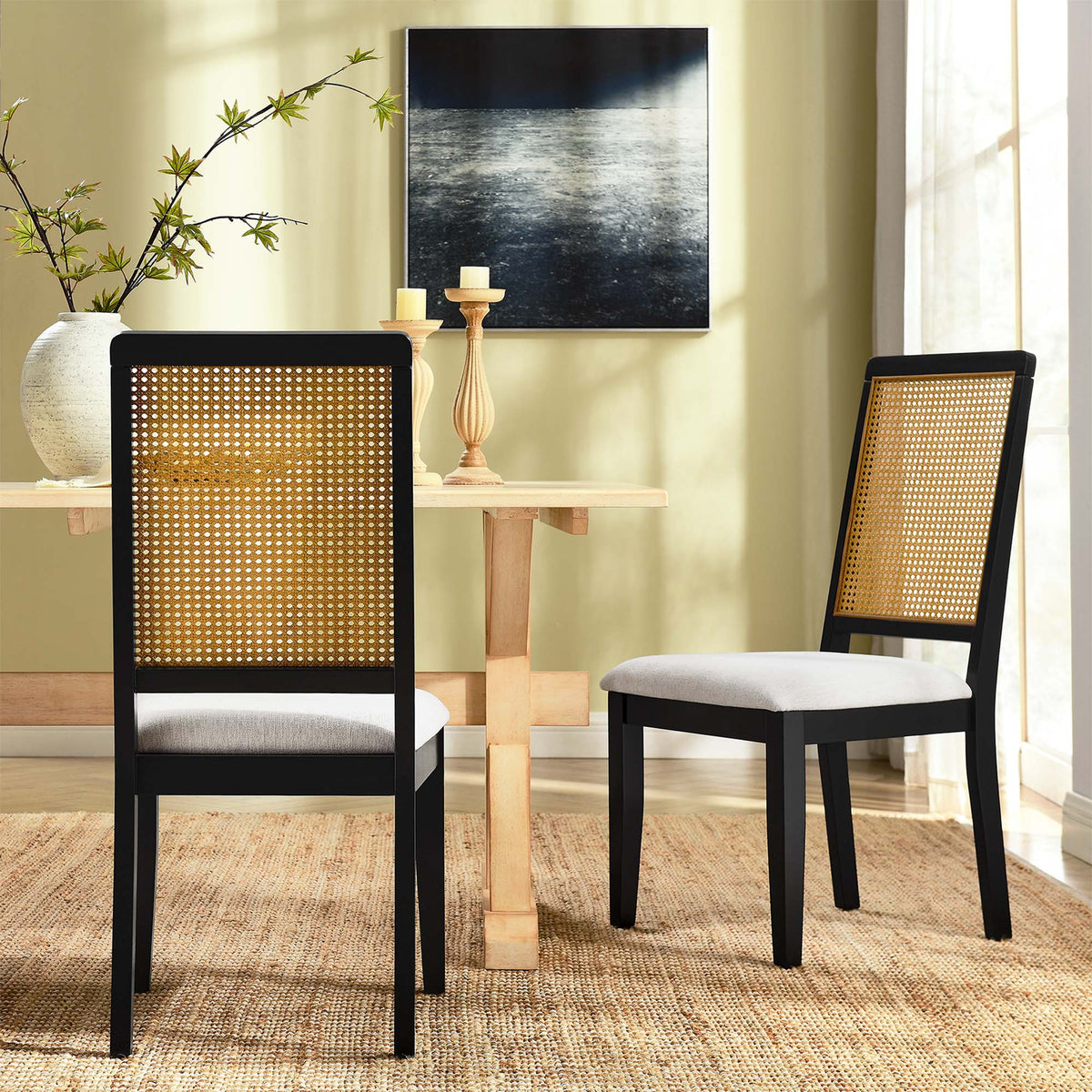 Arlo Faux Rattan and Wood Dining Side Chairs Set of 2 - Black Natural Heathered Weave Ivory
