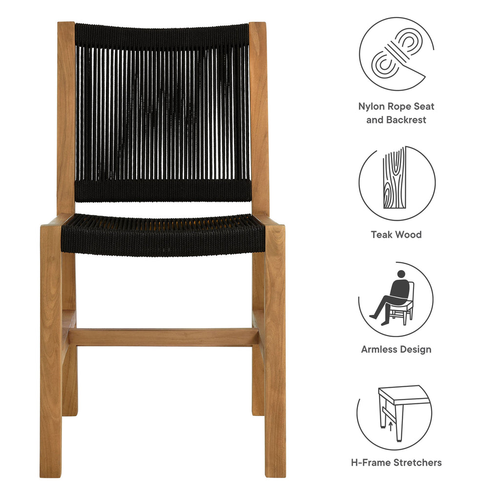 Vienna Outdoor Patio Teak and Rope Armless Dining Chairs Set of 2 - Natural Black