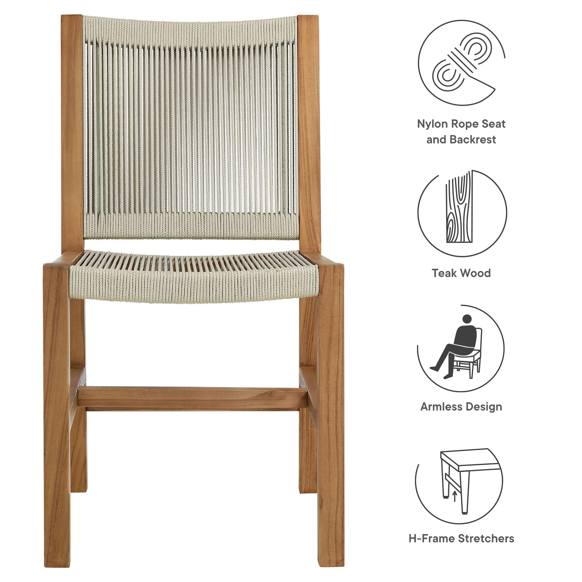 Vienna Outdoor Patio Teak and Rope Armless Dining Chairs Set of 2 - Natural Natural