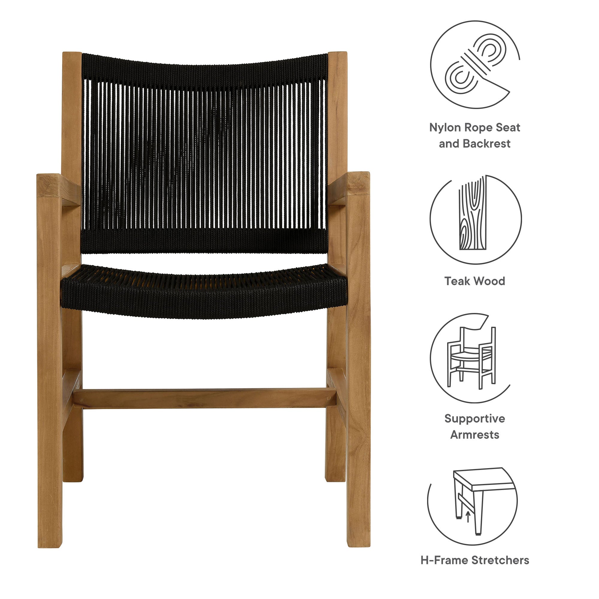 Vienna Outdoor Patio Teak and Rope Dining Armchairs Set of 2 - Natural Black