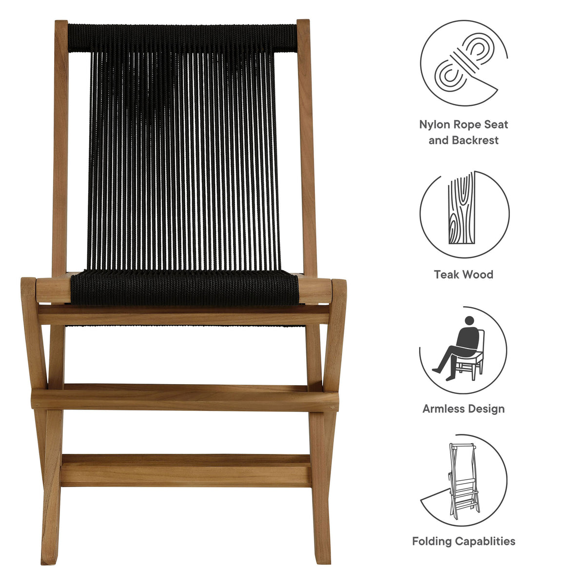 Vienna Outdoor Patio Teak and Rope Folding Chairs Set of 4 - Natural Black