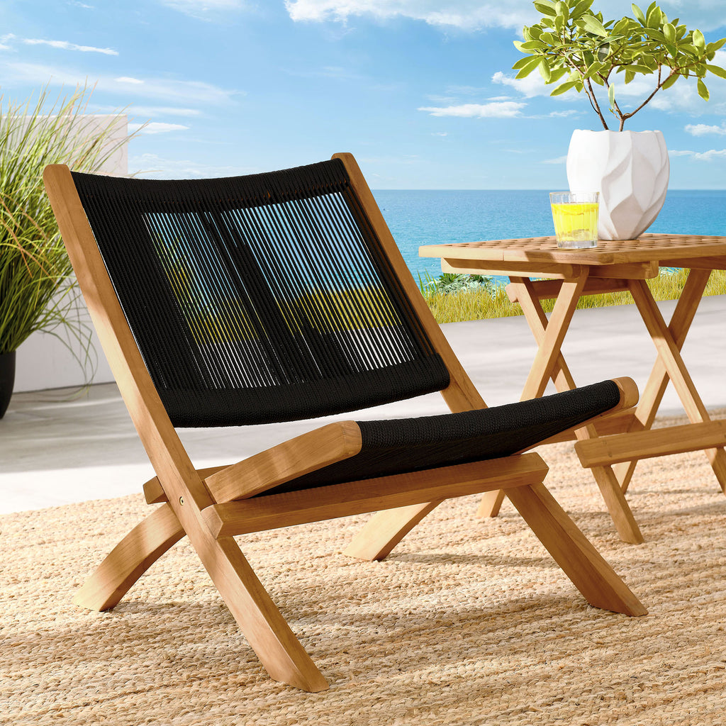 Vienna Outdoor Patio Teak and Rope Folding Accent Lounge Chair - Natural Black