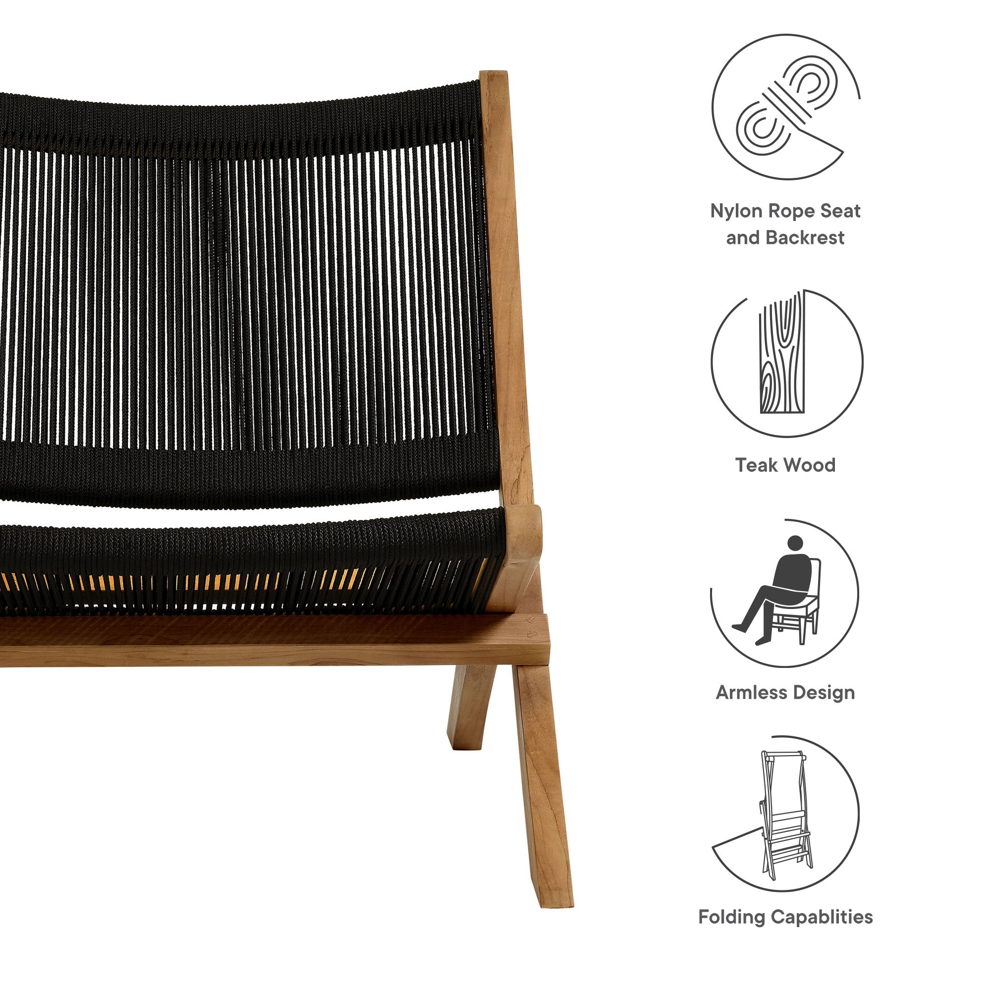 Vienna Outdoor Patio Teak and Rope Folding Accent Lounge Chair - Natural Black