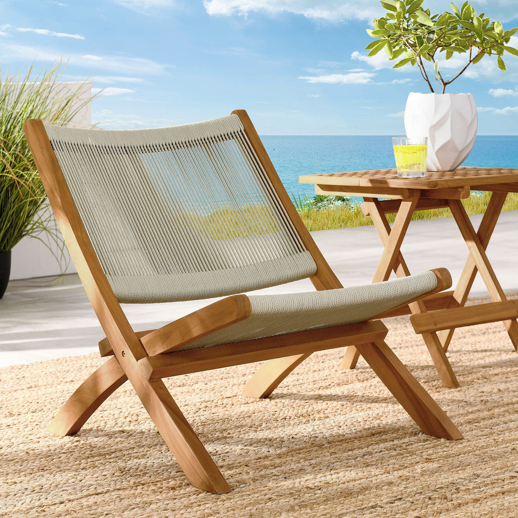 Vienna Outdoor Patio Teak and Rope Folding Accent Lounge Chair - Natural Natural
