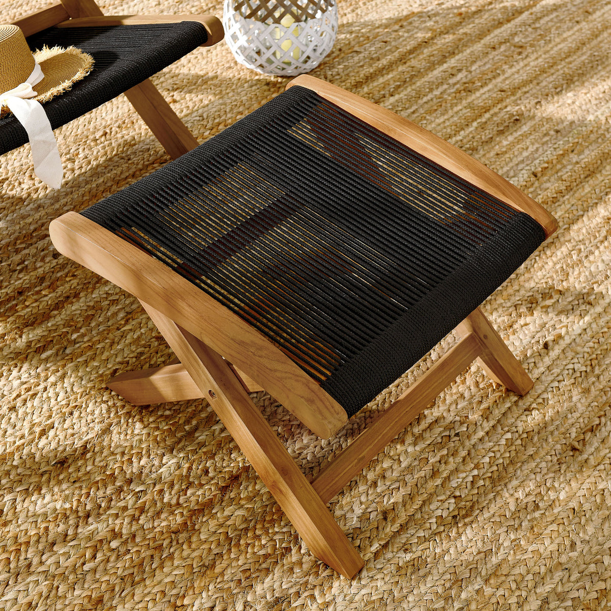 Vienna Outdoor Patio Teak and Rope Folding Ottoman - Natural Black