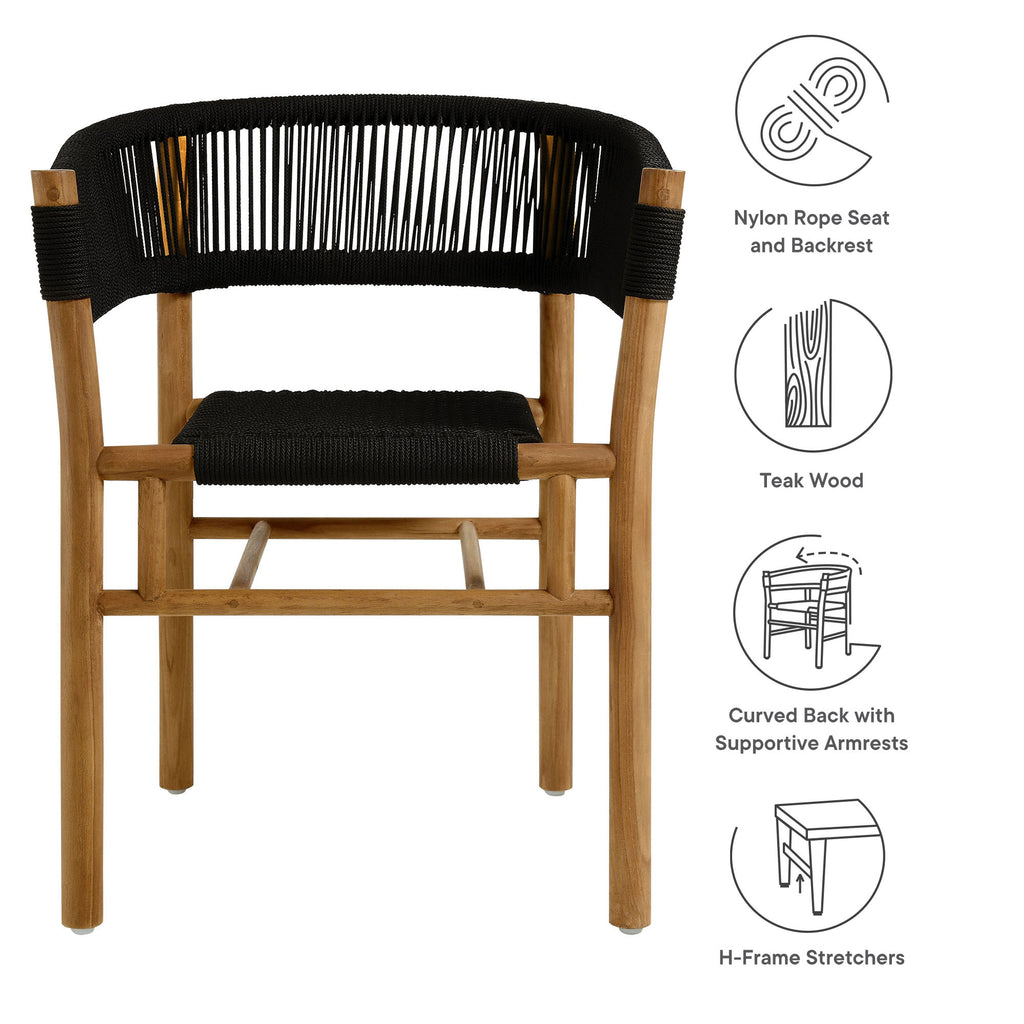 Vienna Outdoor Patio Teak and Rope Curved-Back Dining Armchairs Set of 2 - Natural Black