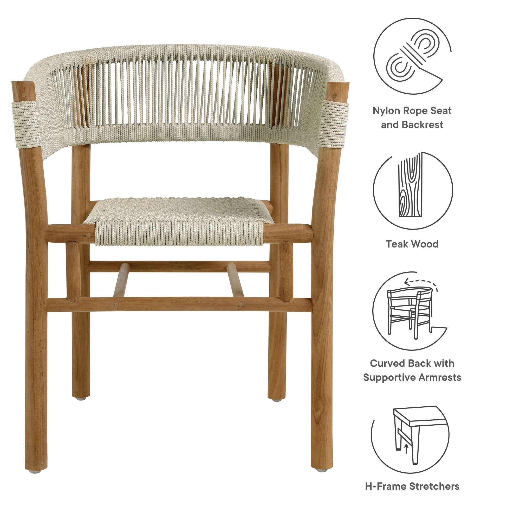 Vienna Outdoor Patio Teak and Rope Curved-Back Dining Armchairs Set of 2 - Natural Natural