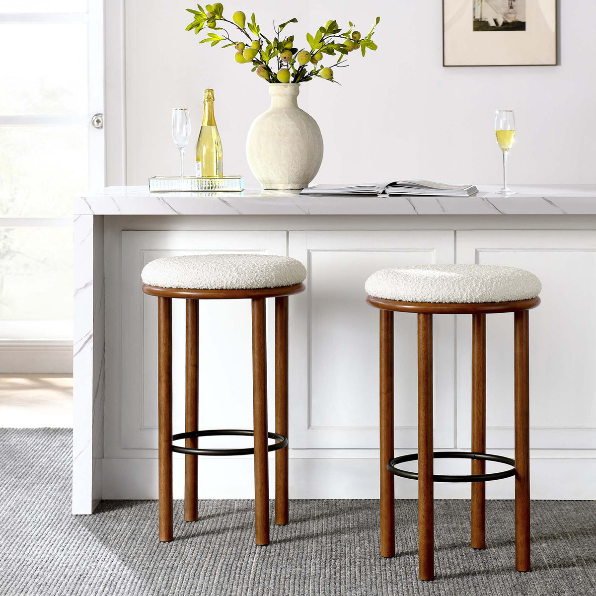 Fable Boucle Fabric Bar Stools Set of 2 - Walnut Ivory