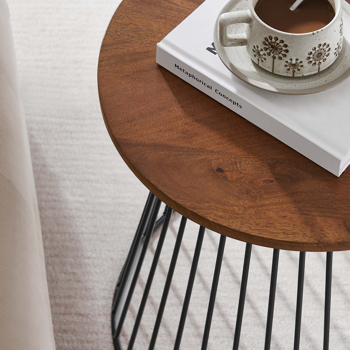 Valeo Round Wood and Metal Side Table - Walnut