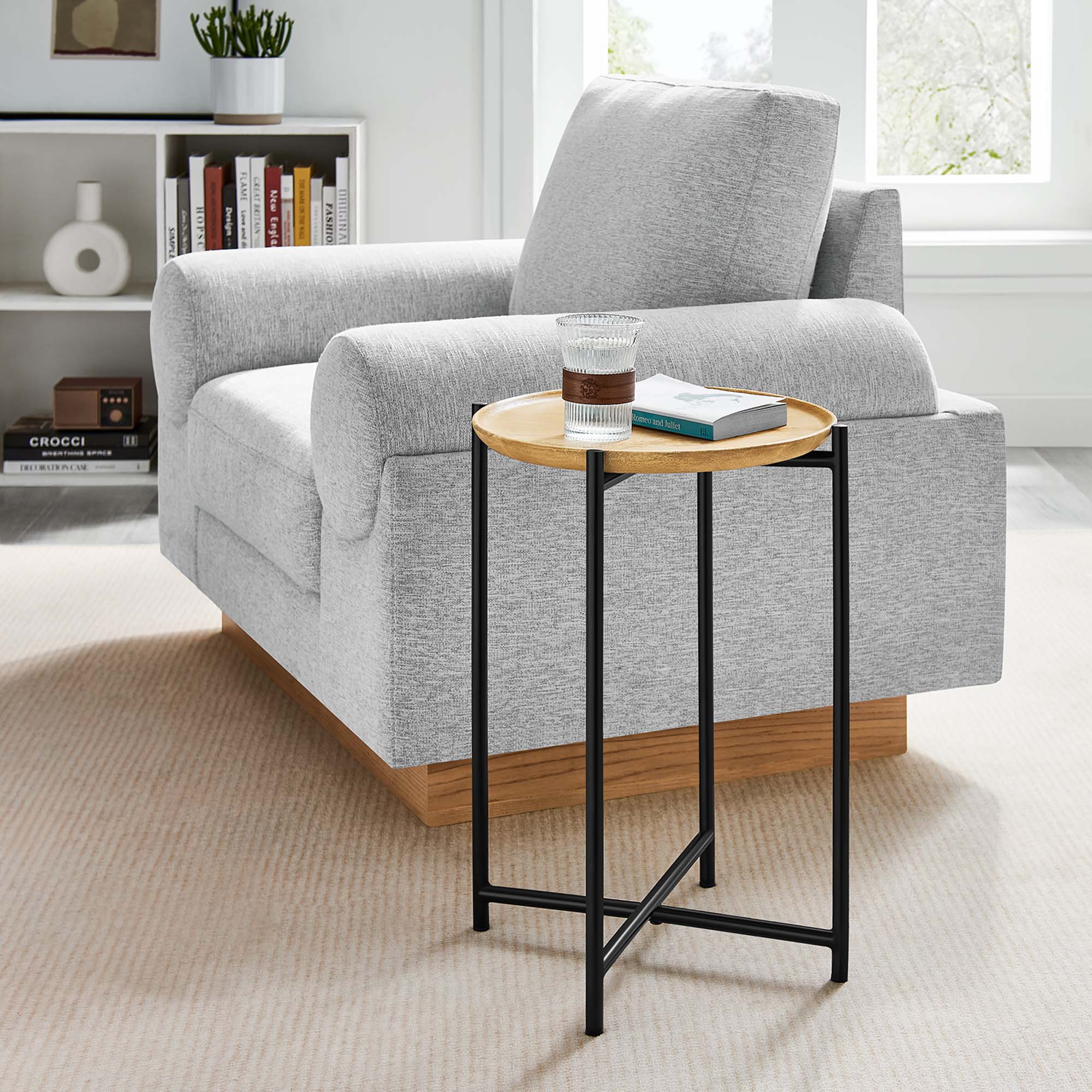 Xilo Round Wood and Metal Side Table - Oak