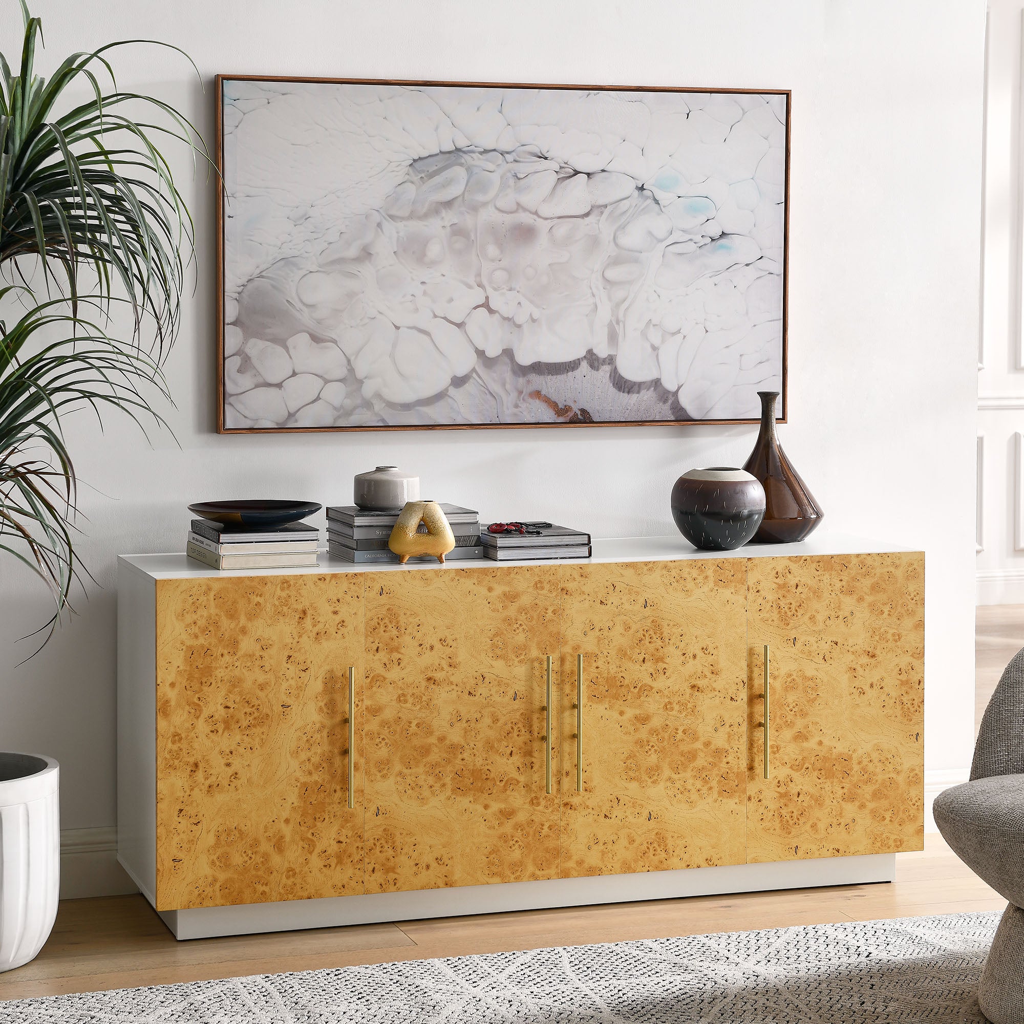 Abel 69 Inch Burl Wood Sideboard Buffet TV Stand - White Bleached Burl