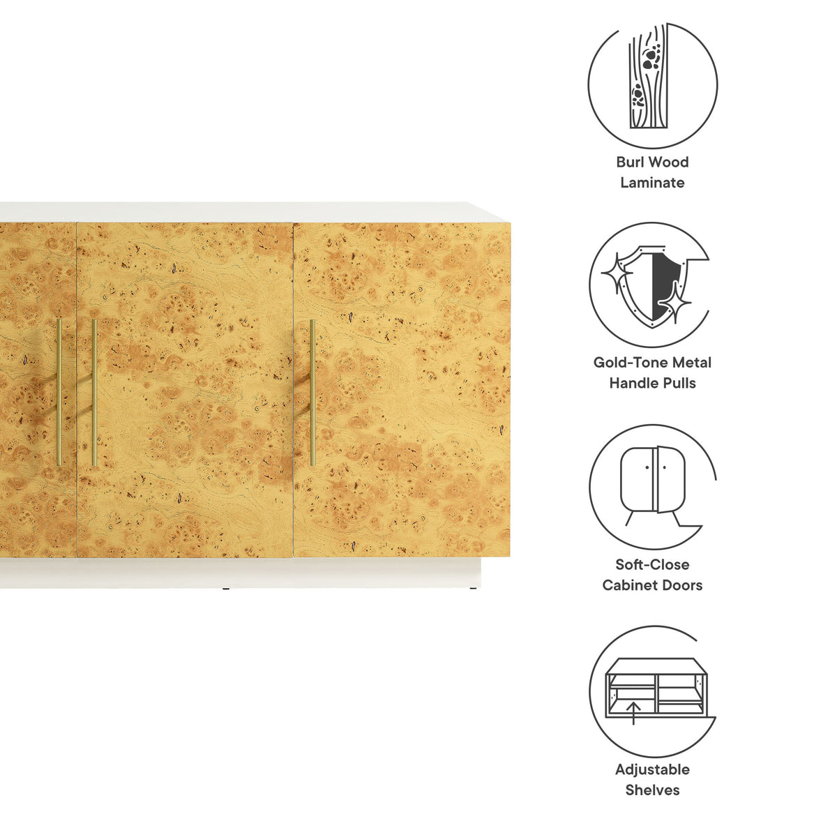 Abel 69 Inch Burl Wood Sideboard Buffet TV Stand - White Bleached Burl