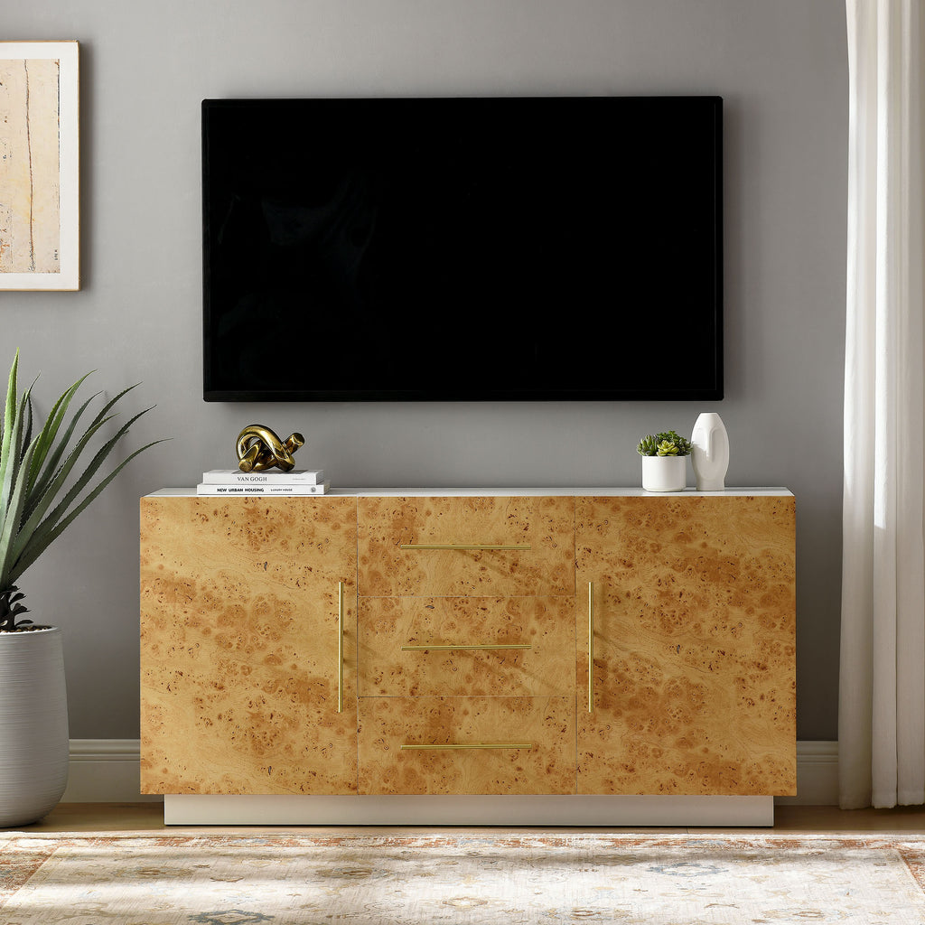 Abel 59 Inch Burl Wood Sideboard Buffet TV Stand - White Bleached Burl