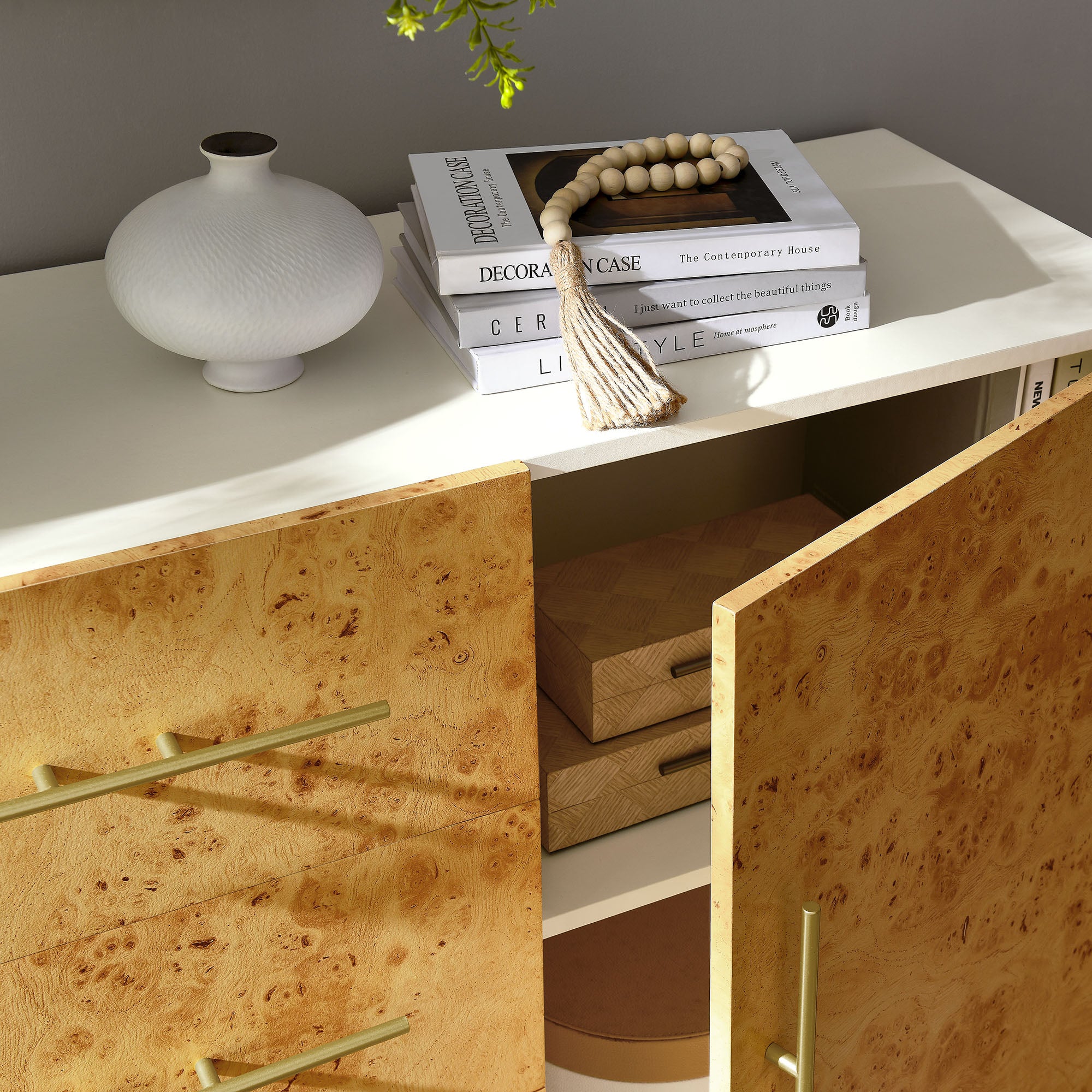 Abel 59 Inch Burl Wood Sideboard Buffet TV Stand - White Bleached Burl