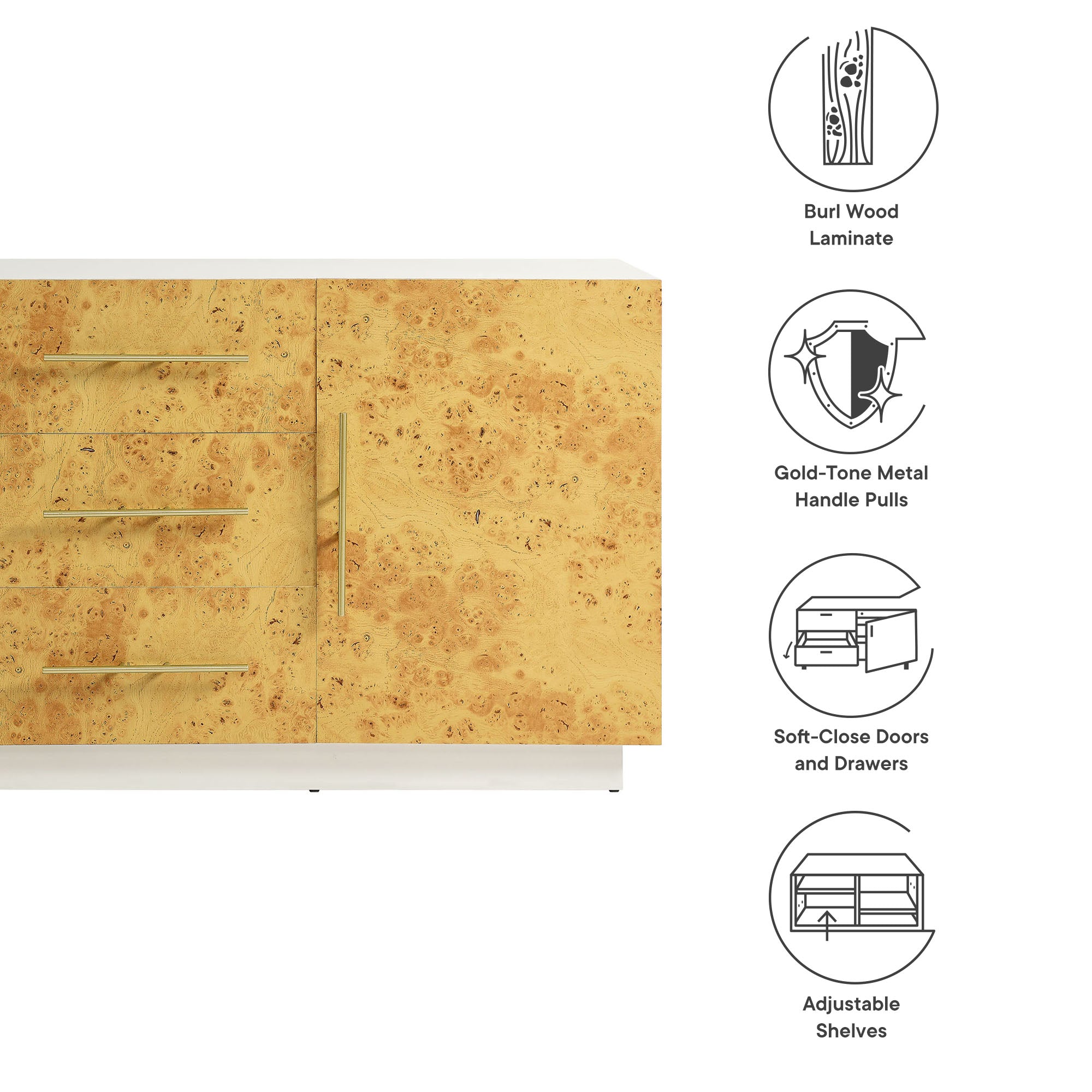 Abel 59 Inch Burl Wood Sideboard Buffet TV Stand - White Bleached Burl
