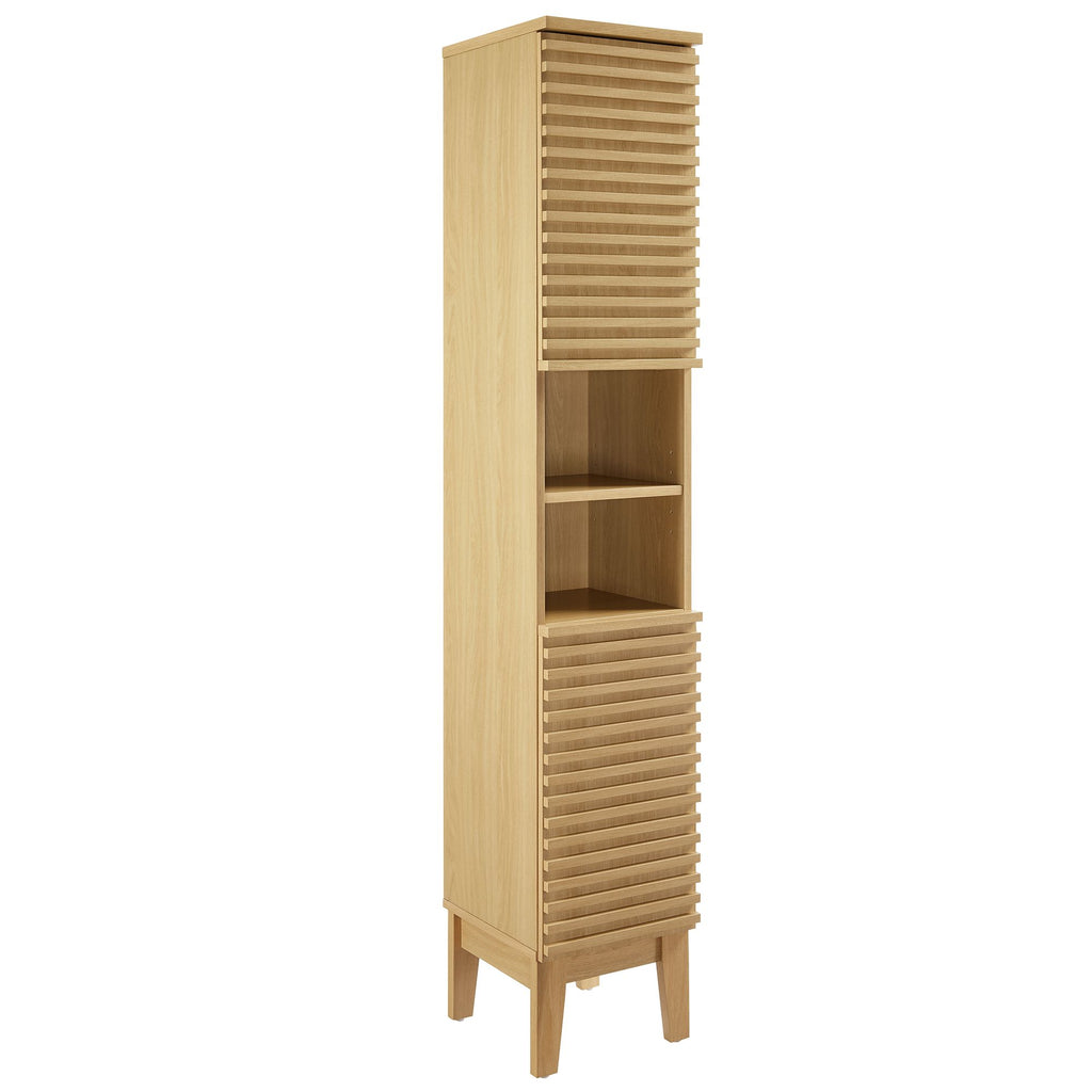 Render Tall Narrow Bathroom Storage Cabinet - Oak
