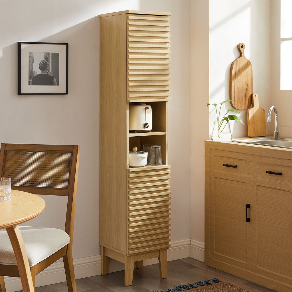 Render Tall Narrow Bathroom Storage Cabinet - Oak