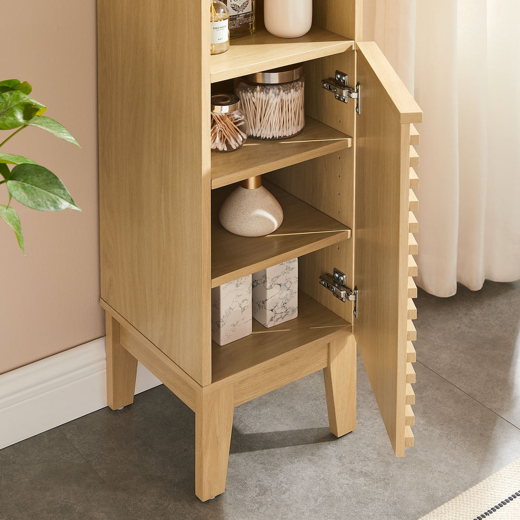 Render Tall Narrow Bathroom Storage Cabinet - Oak