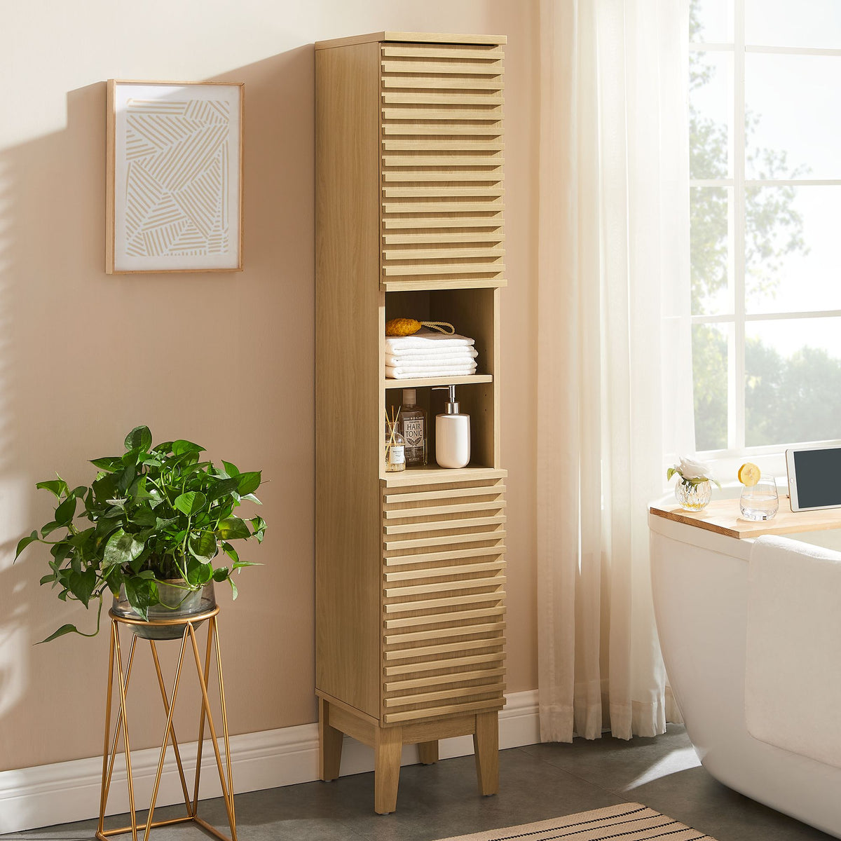 Render Tall Narrow Bathroom Storage Cabinet - Oak