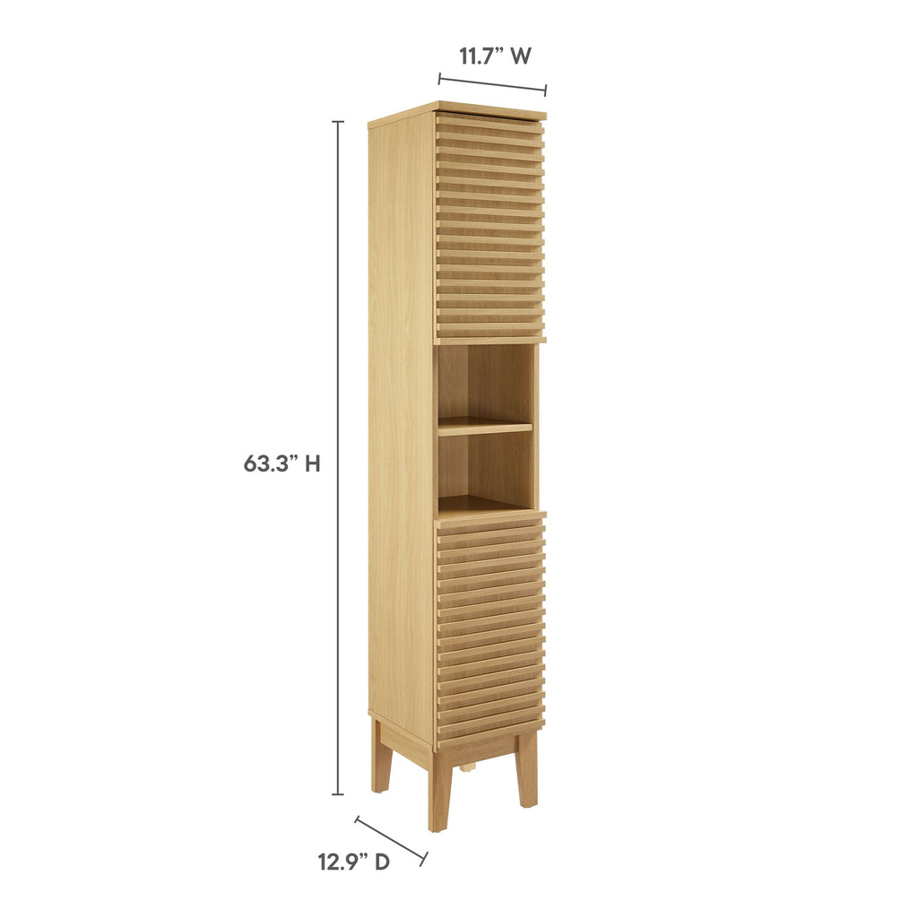 Render Tall Narrow Bathroom Storage Cabinet - Oak