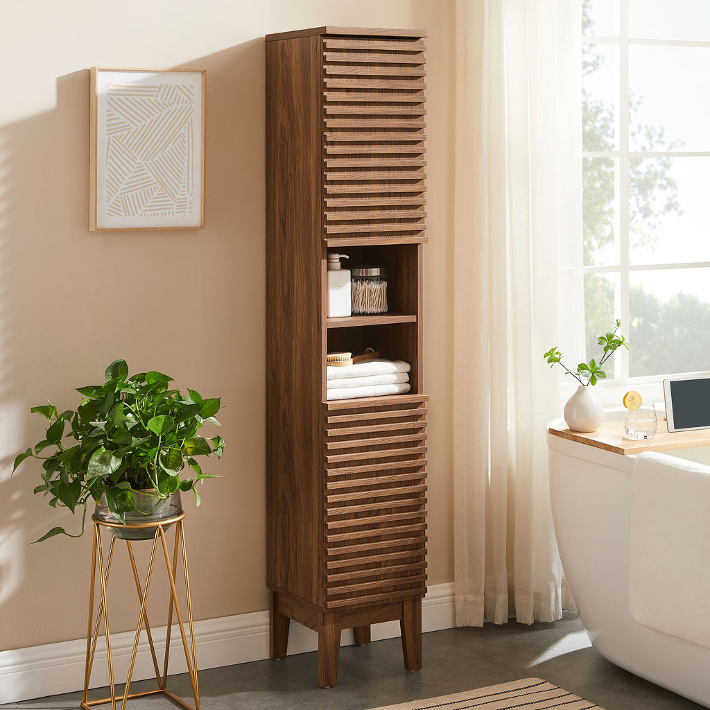 Render Tall Narrow Bathroom Storage Cabinet - Walnut