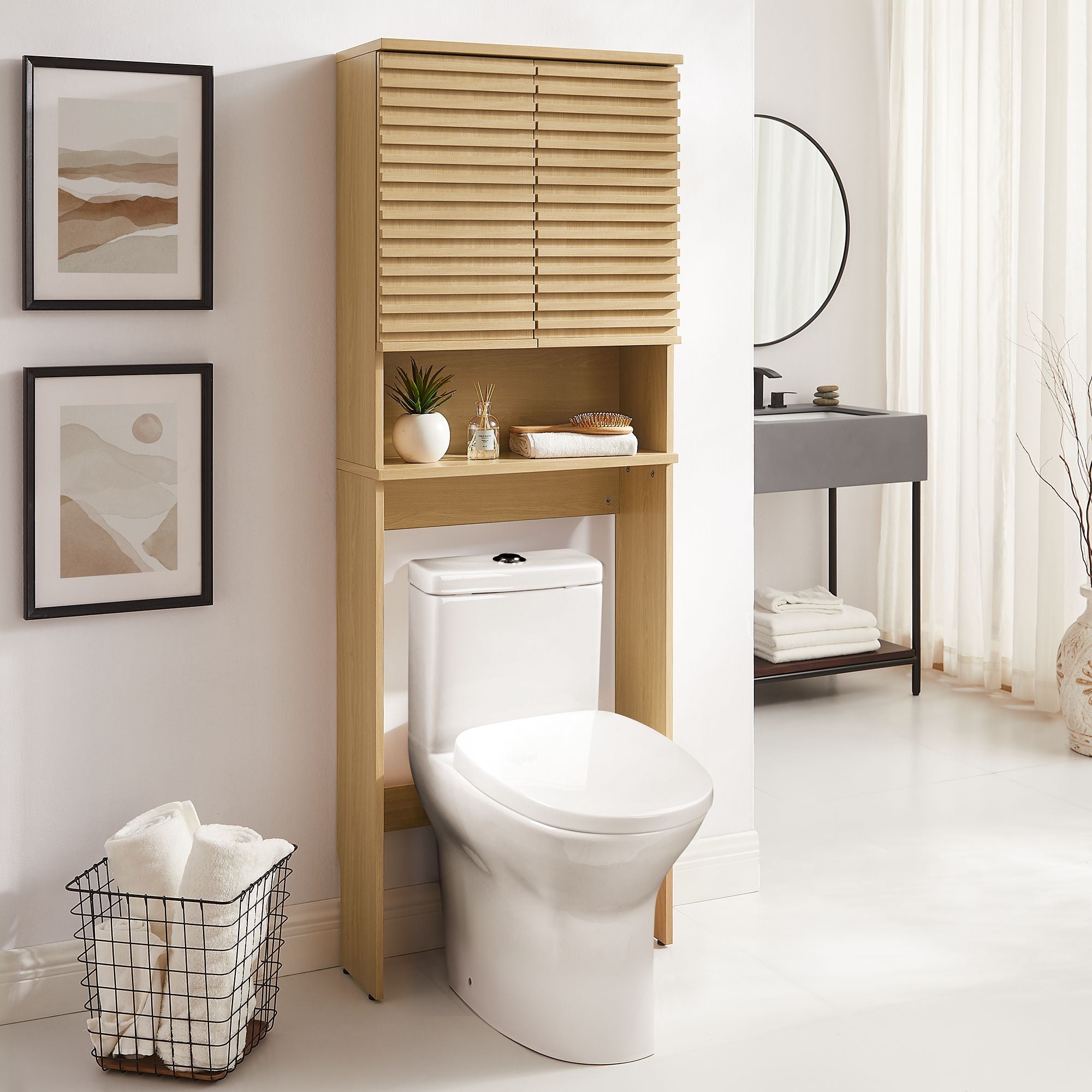 Render Over the Toilet Bathroom Storage Cabinet - Oak