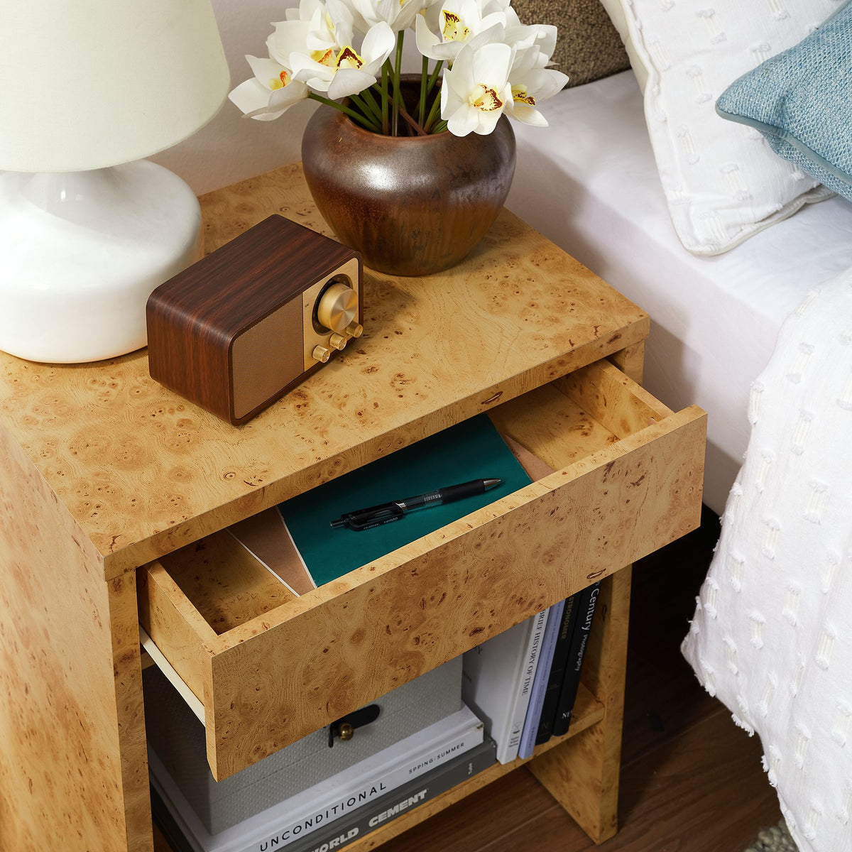 Hudson 1-Drawer Burl Wood Nightstand With Shelf - Natural