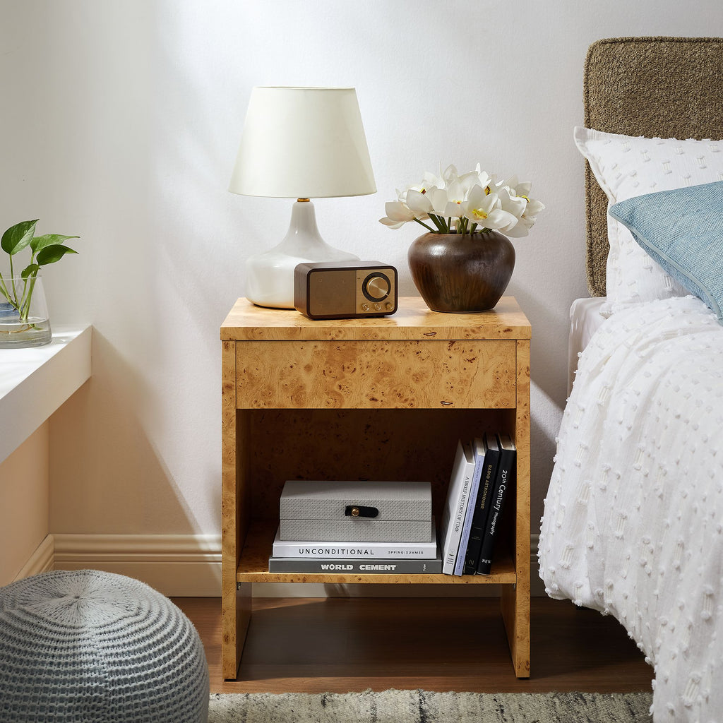 Hudson 1-Drawer Burl Wood Nightstand With Shelf - Natural