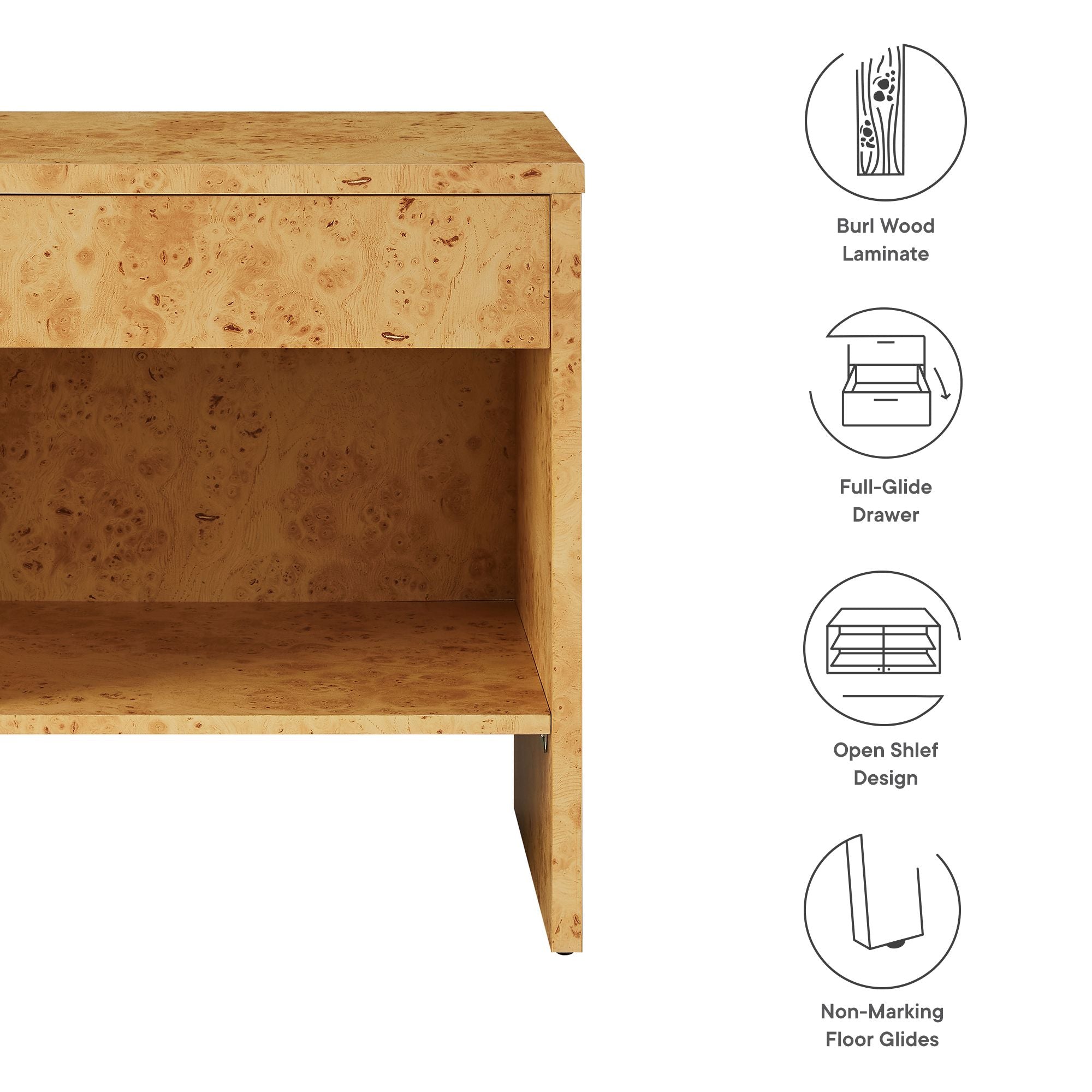 Hudson 1-Drawer Burl Wood Nightstand With Shelf - Natural