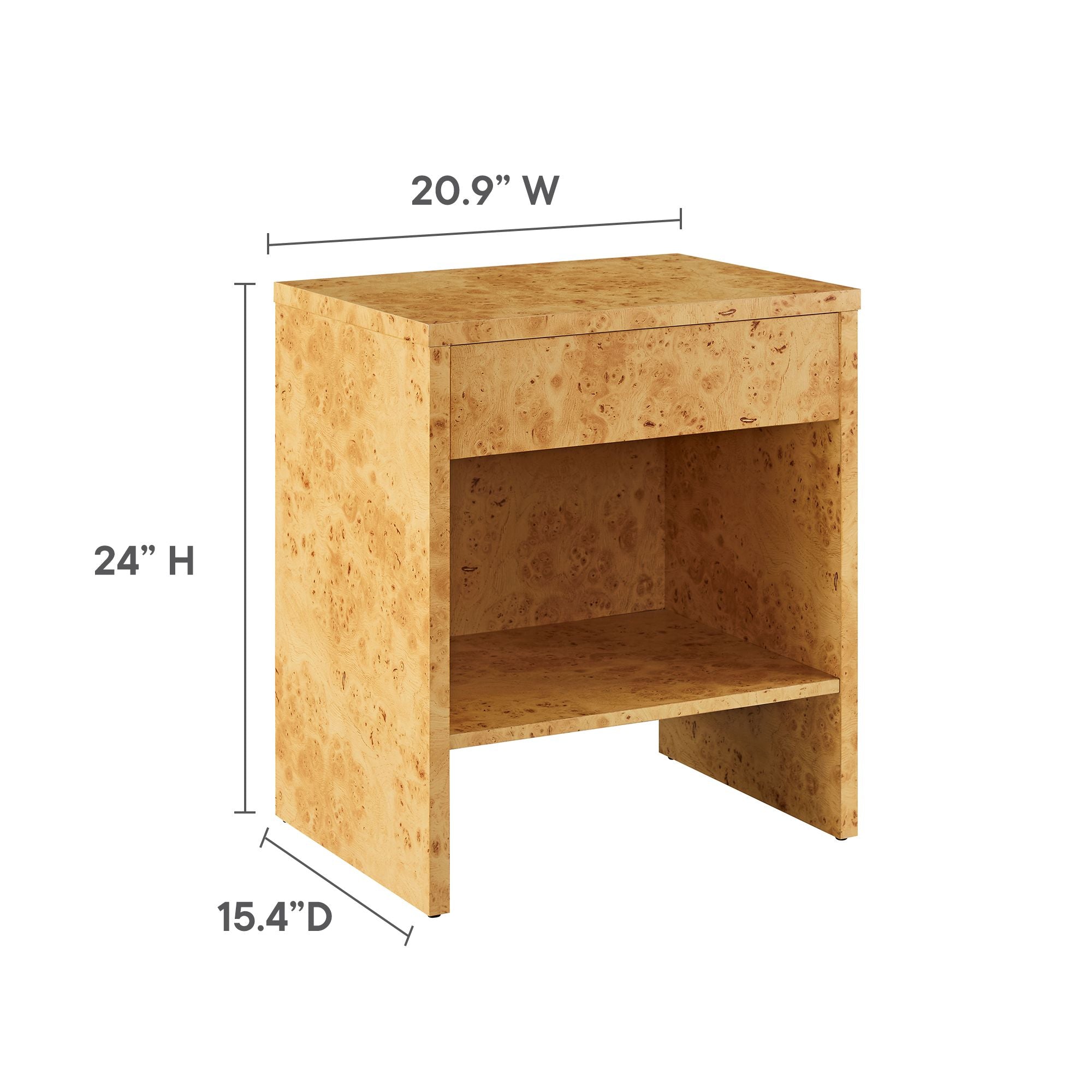 Hudson 1-Drawer Burl Wood Nightstand With Shelf - Natural