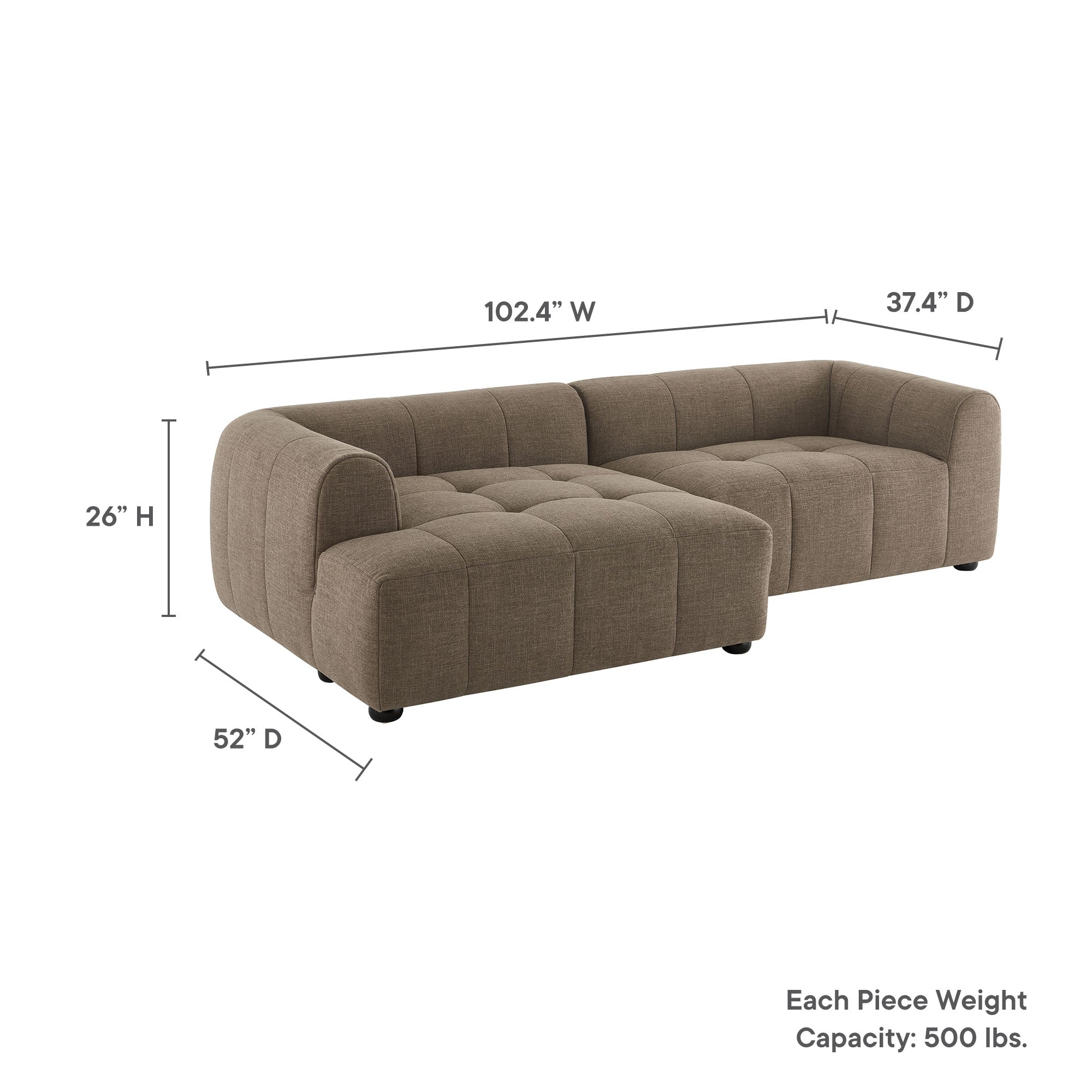 Liana Left-Facing Upholstered Fabric Modular Sofa with Chaise - Mocha