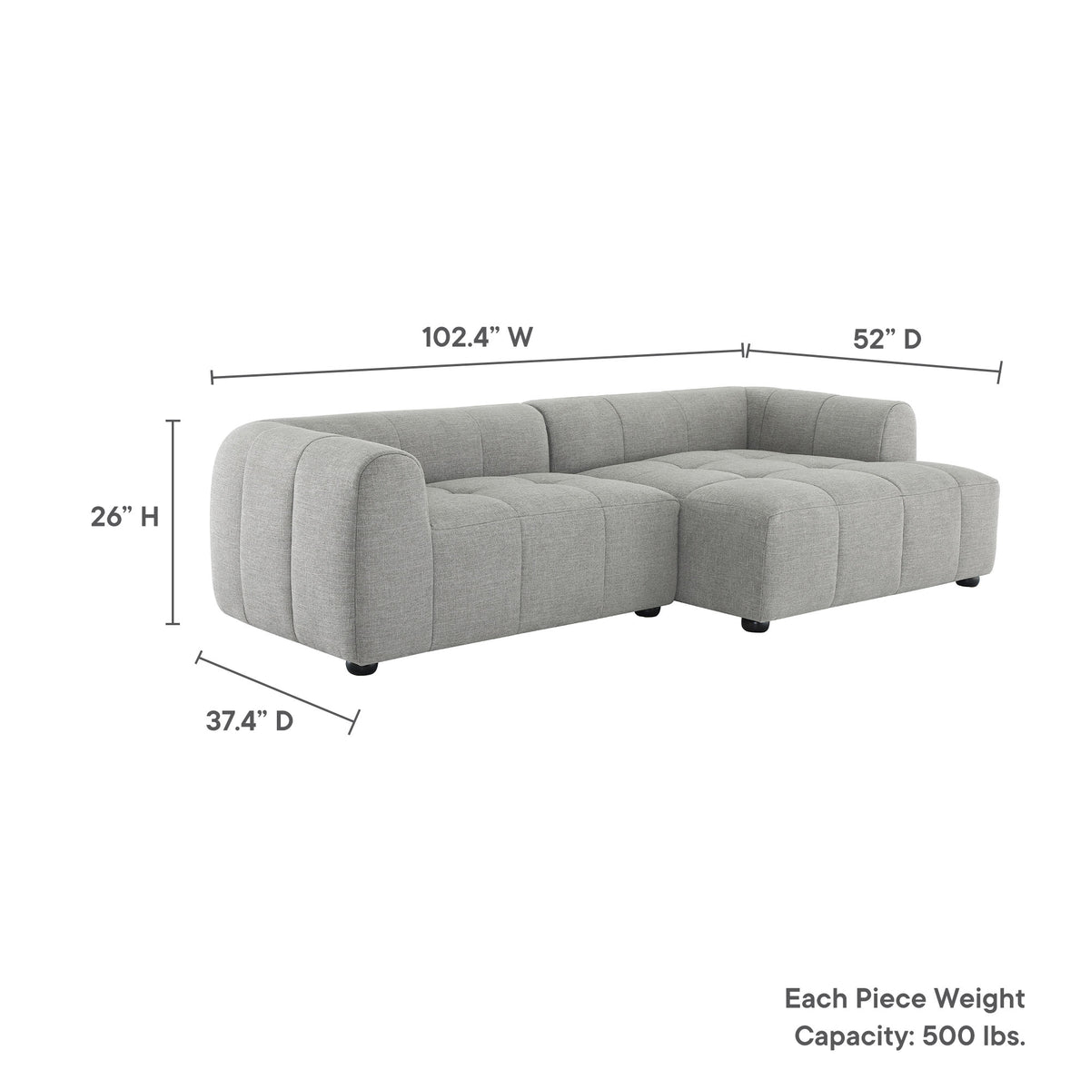Liana Right-Facing Upholstered Fabric Modular Sofa with Chaise - Pewter