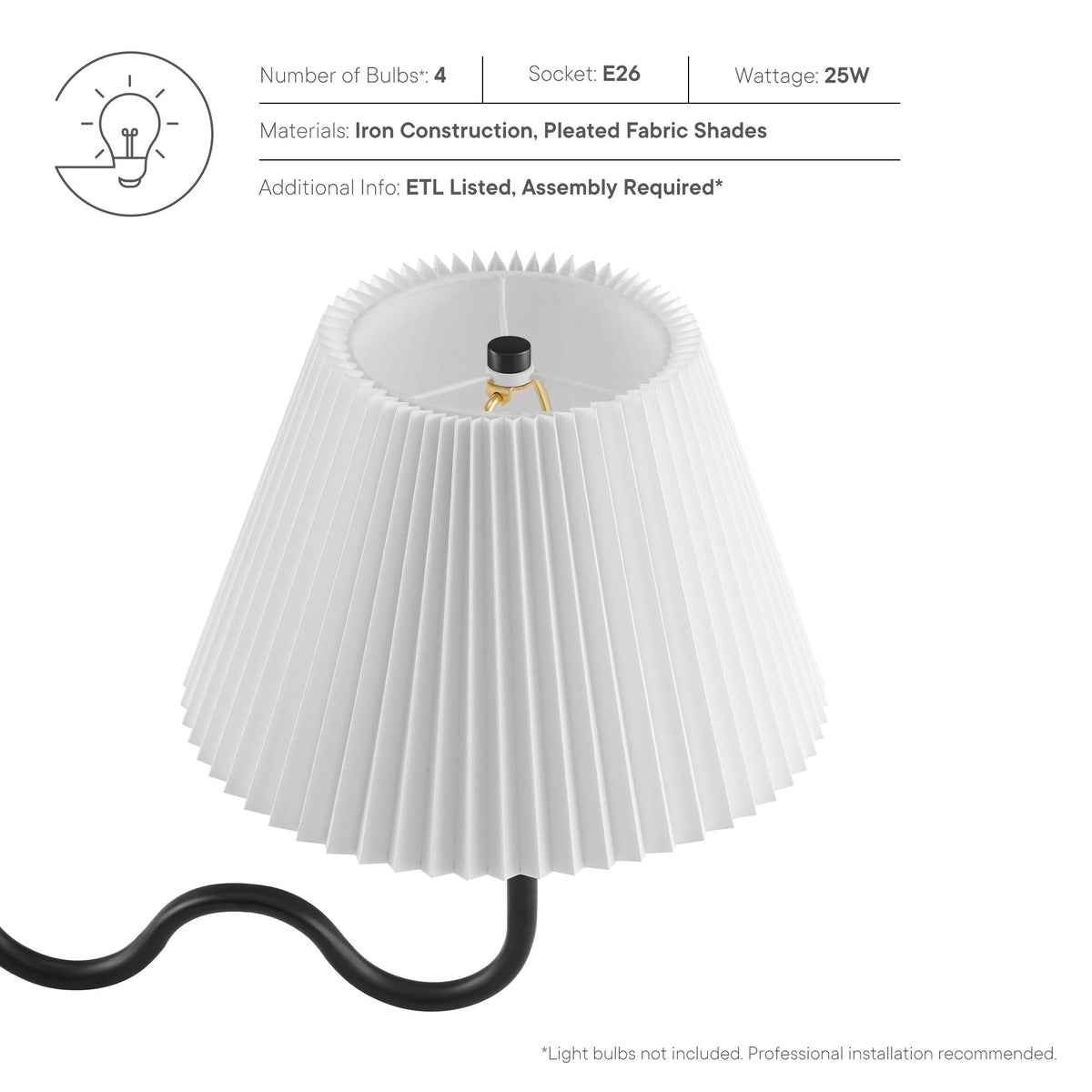 Wave Squiggle 4-Arm Pendant Light - Black