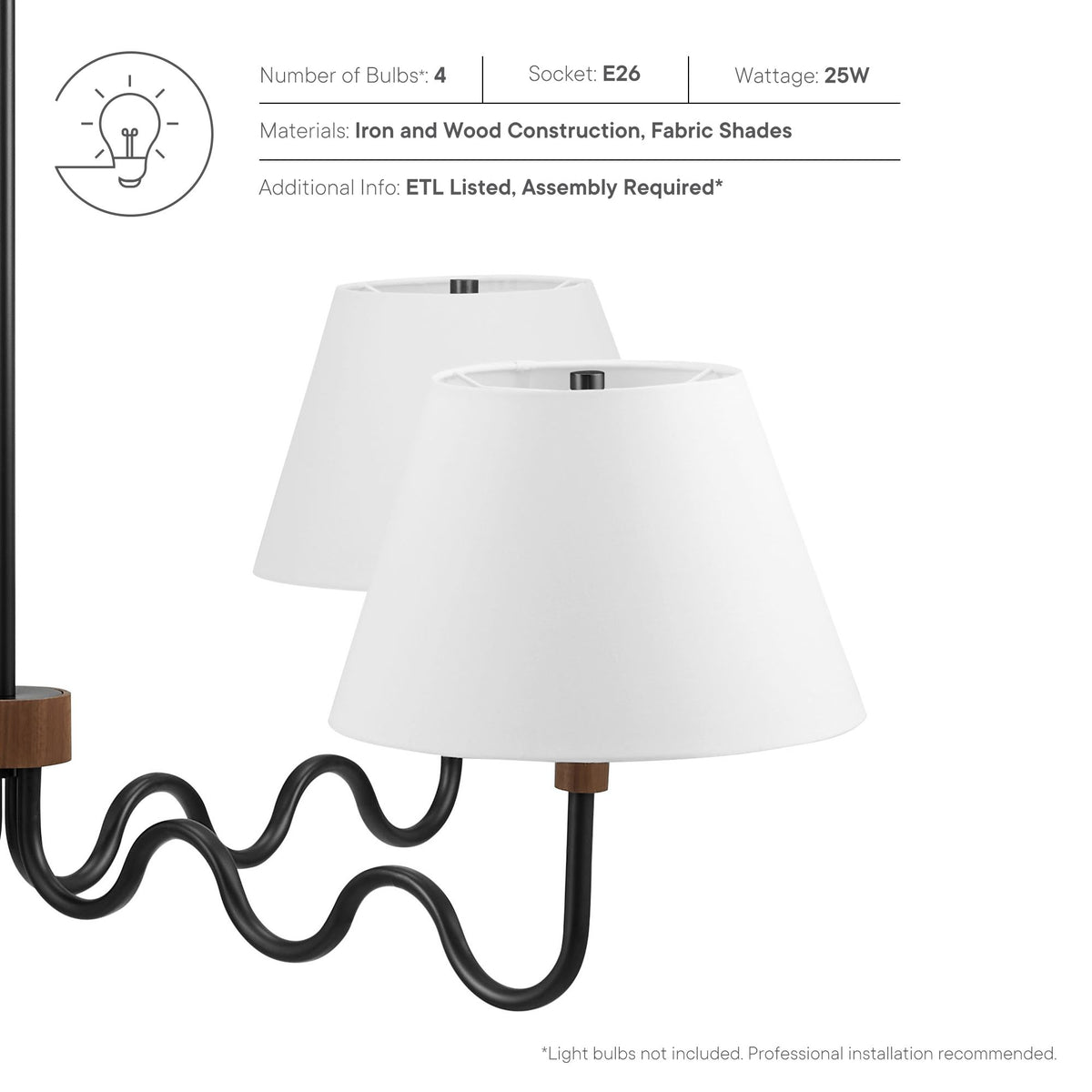 Sunlit Squiggle 4-Arm Pendant Light - Walnut Black