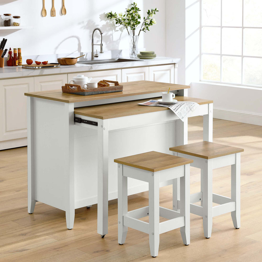 Farmstead 3-Piece Kitchen Island and Stool Set - Oak White