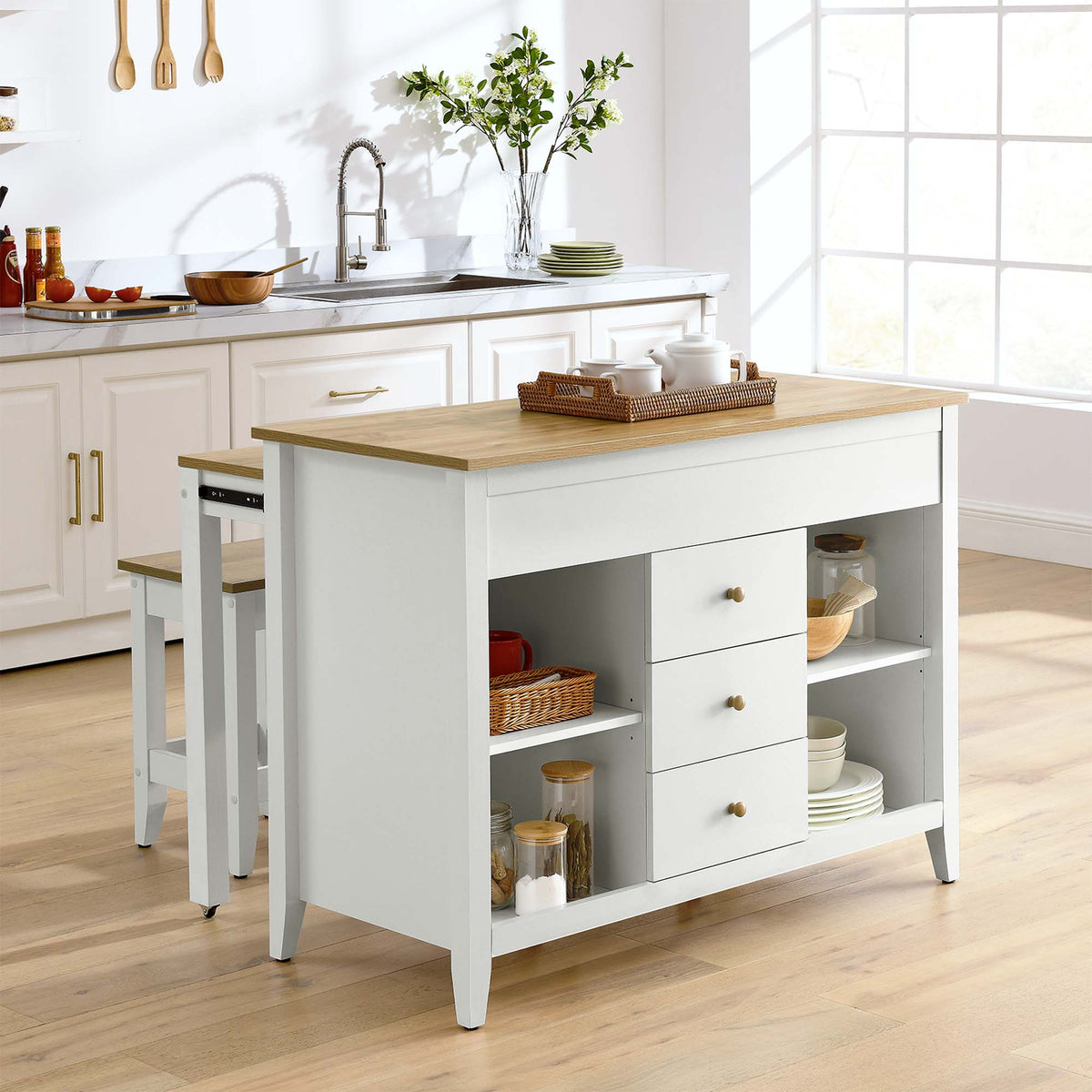 Farmstead 3-Piece Kitchen Island and Stool Set - Oak White