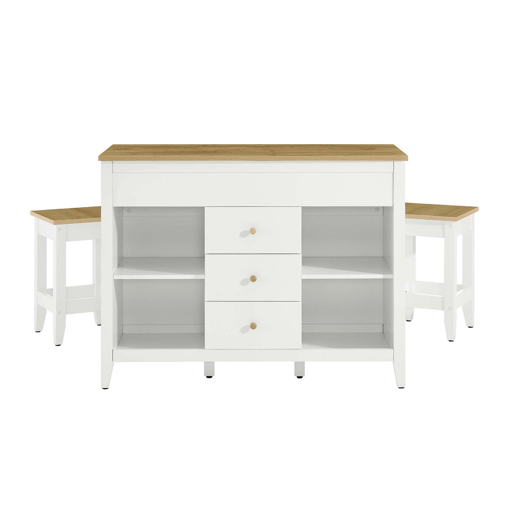 Farmstead 3-Piece Kitchen Island and Stool Set - Oak White