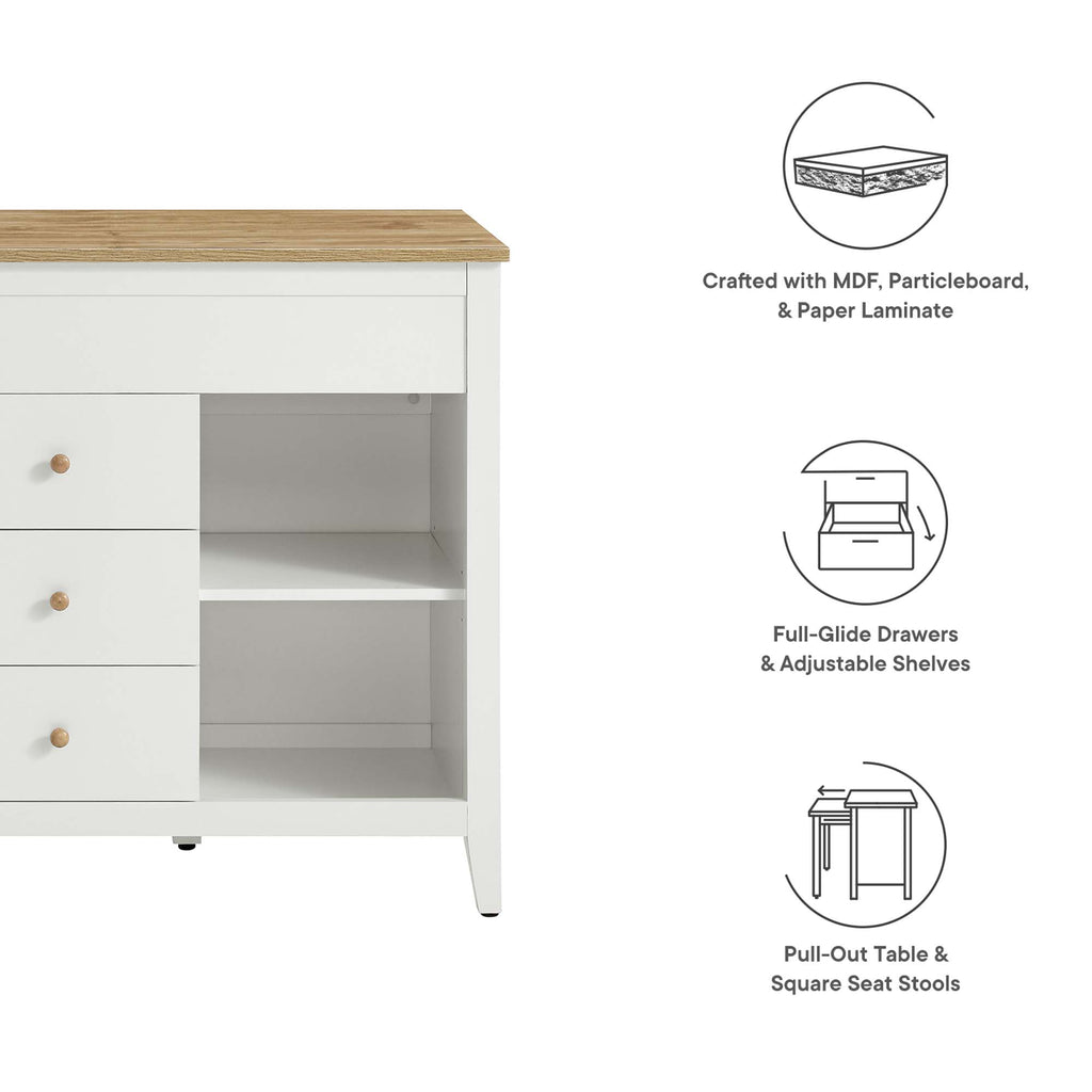 Farmstead 3-Piece Kitchen Island and Stool Set - Oak White