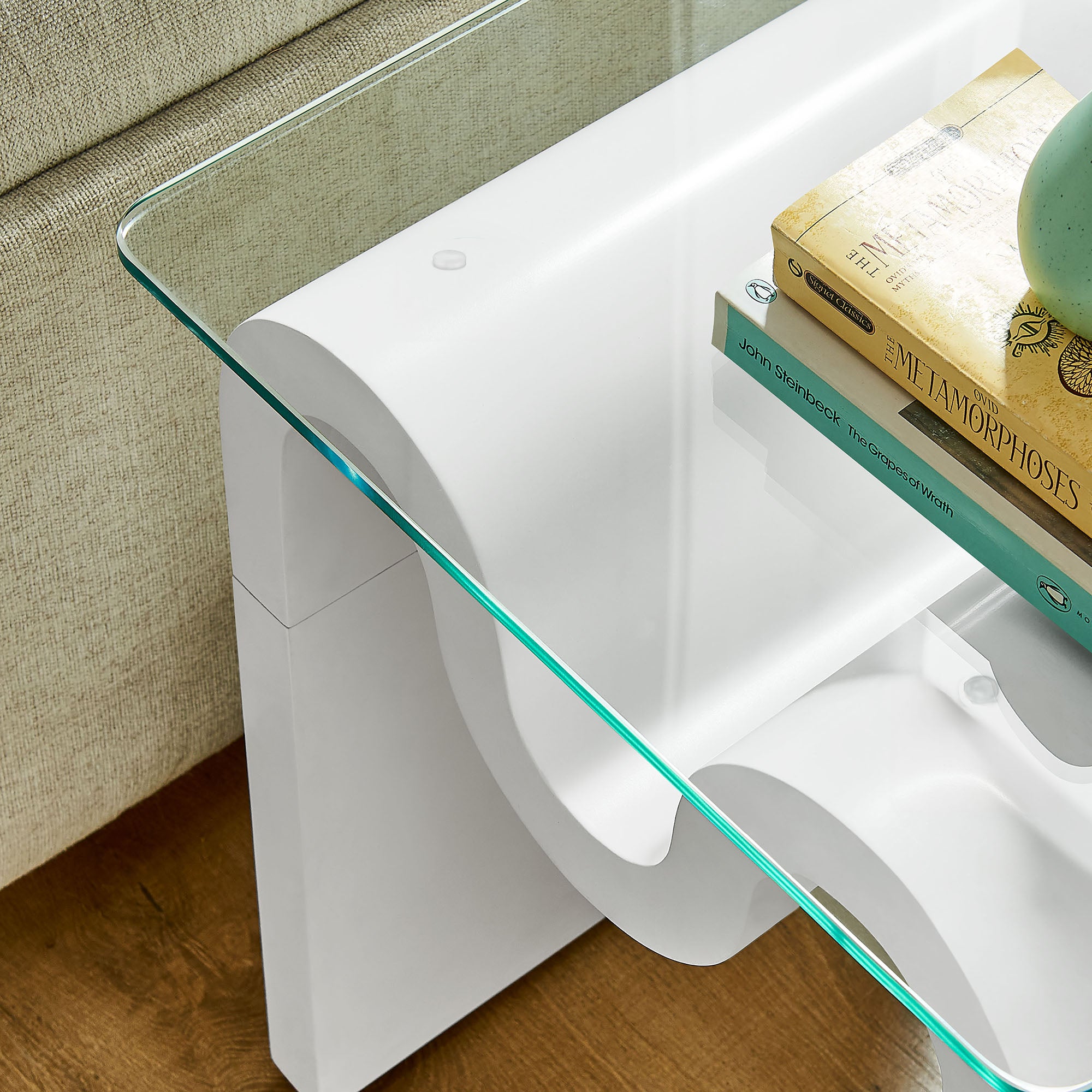 Ondine Glass Top Side Table - White