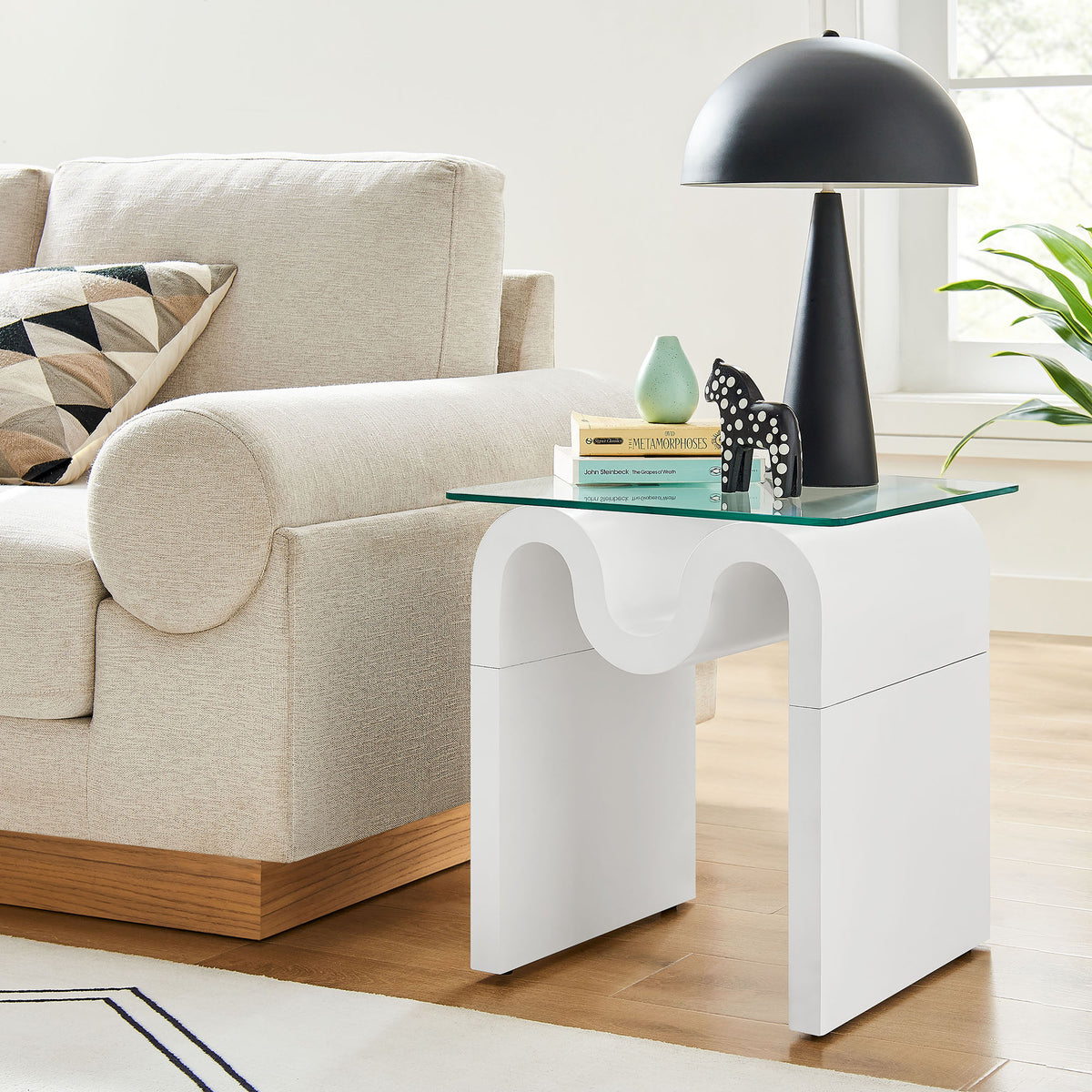 Ondine Glass Top Side Table - White