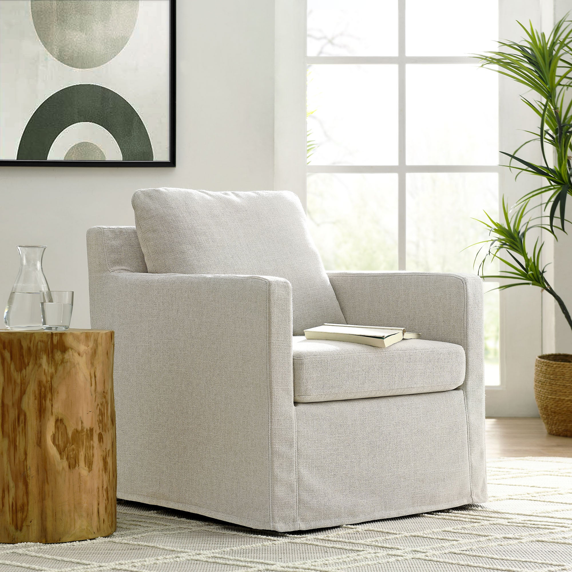 Serene Fabric Slipcovered Swivel Armchair - Linen