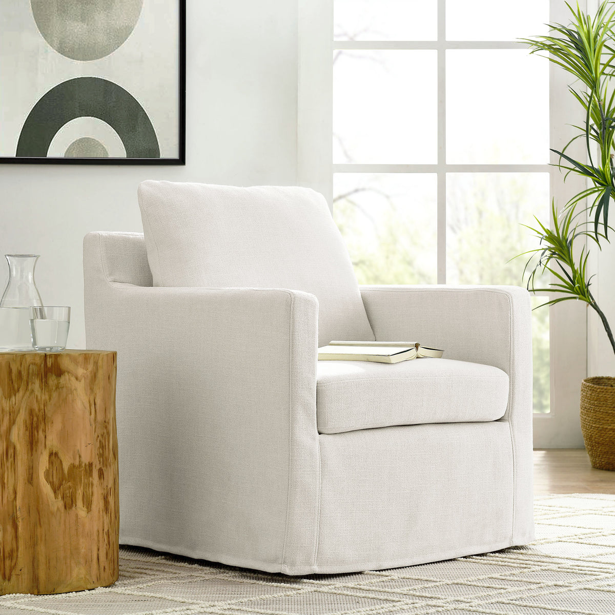 Serene Fabric Slipcovered Swivel Armchair - Salt