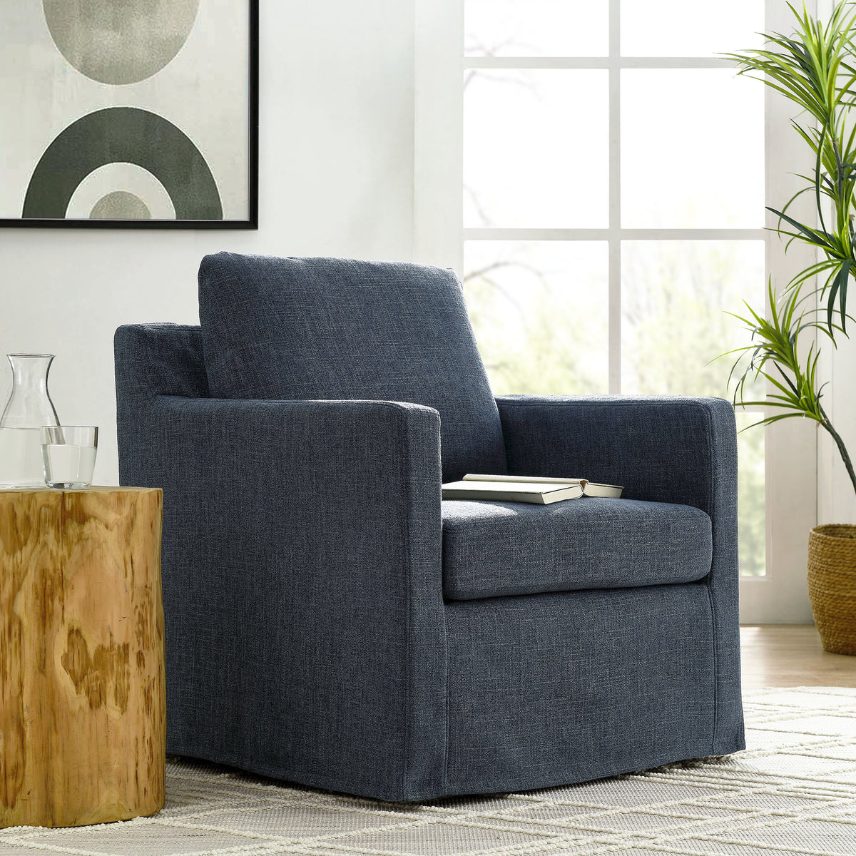 Serene Fabric Slipcovered Swivel Armchair - Slate Blue