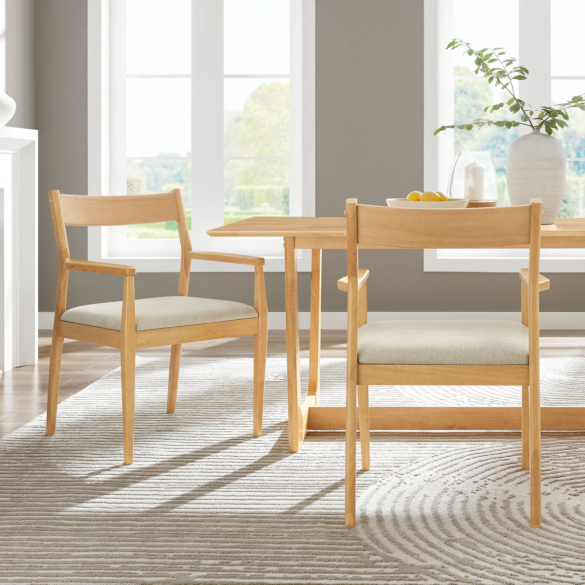Solara Fabric Wood Dining Armchairs Set of 2 - Natural Heathered Weave Beige