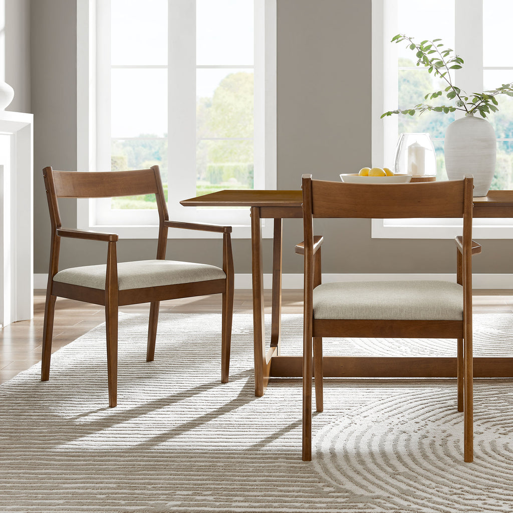 Solara Fabric Wood Dining Armchairs Set of 2 - Walnut Heathered Weave Beige