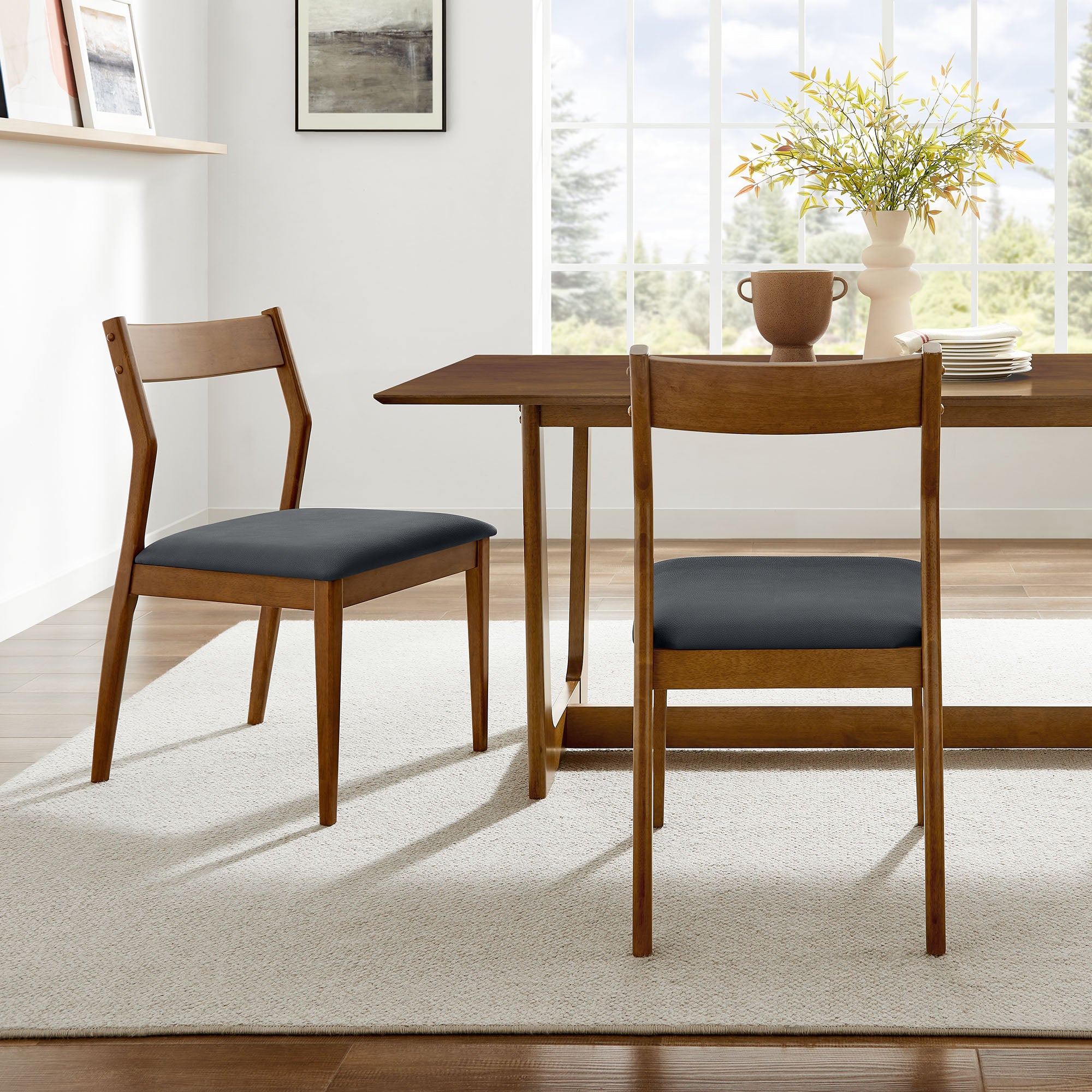 Solara Vegan Leather Wood Dining Side Chairs Set of 2 - Walnut Black