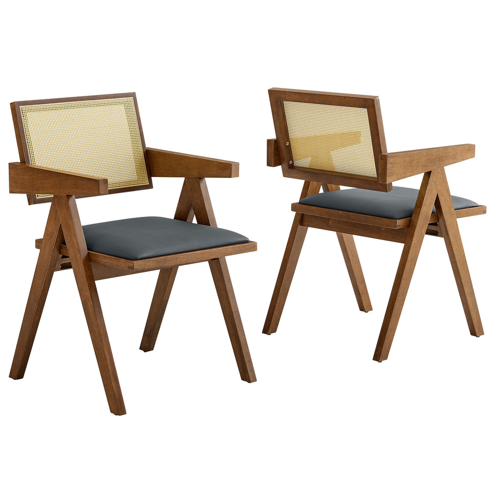 Thera Vegan Leather Cane Dining Armchairs Set of 2 - Walnut Black