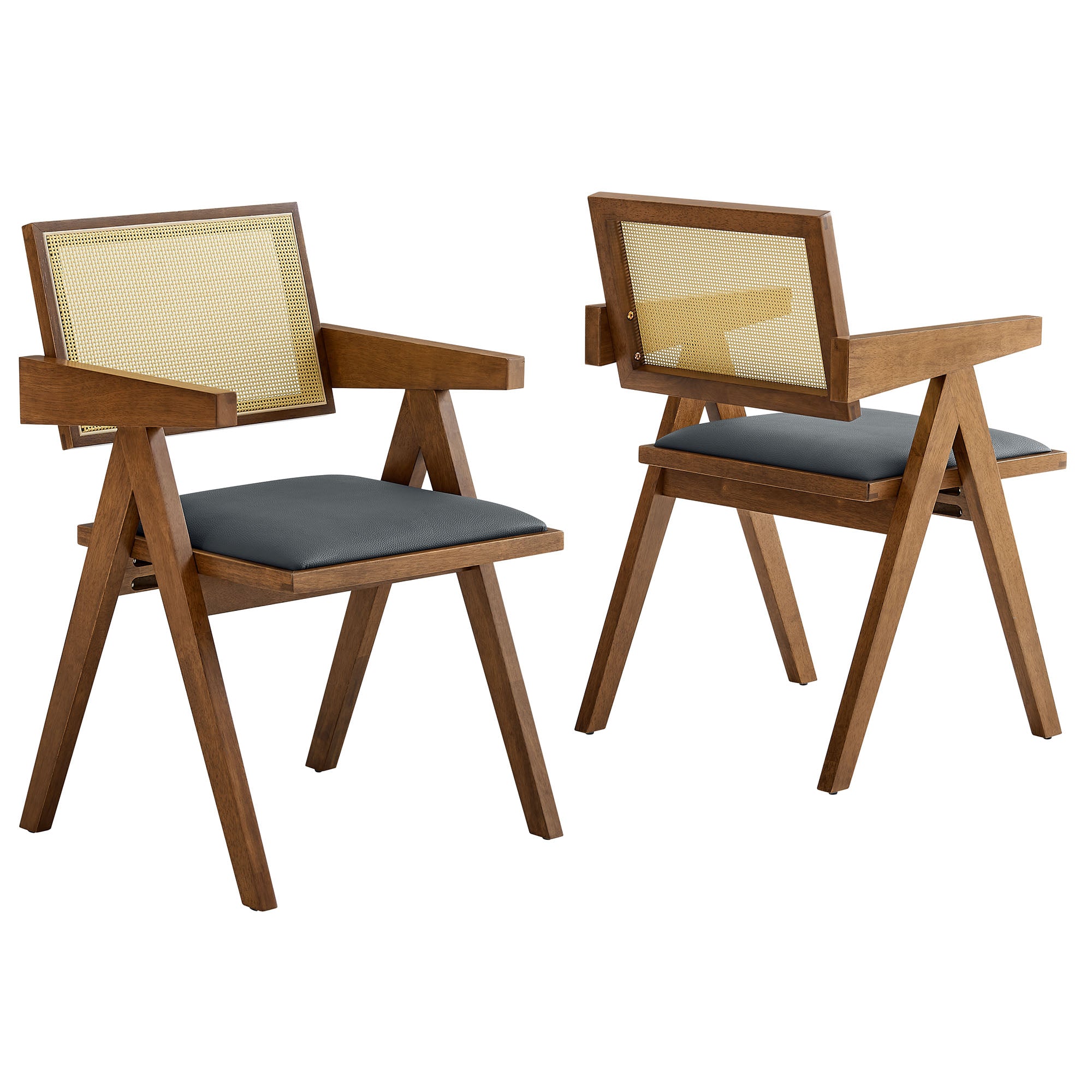 Thera Vegan Leather Cane Dining Armchairs Set of 2 - Walnut Black